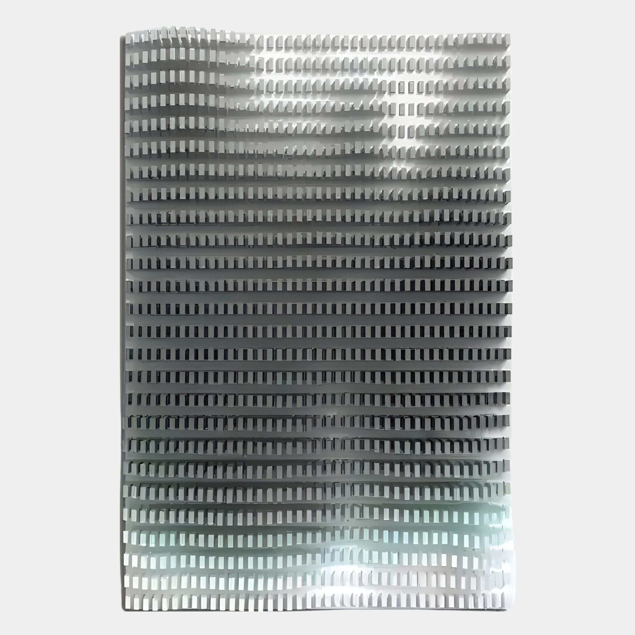 The Wavluxe Gradient Silver Wood Mosaic 3D Wall Art by Giant Sculptures features a rectangular, wavy design with grid-like cutouts, creating a textured, reflective surface that produces striking light and shadow effects.