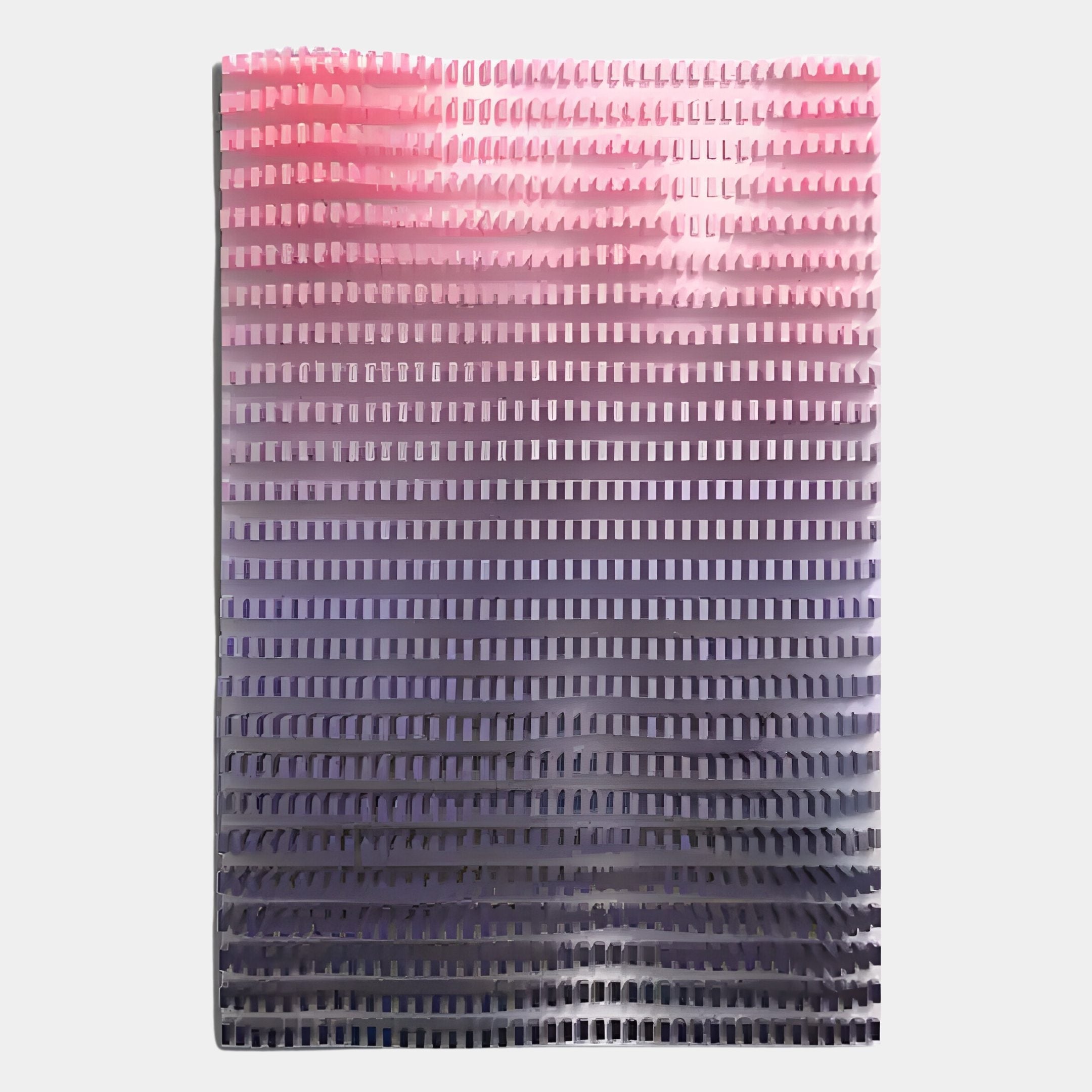 The Wavluxe Gradient Pink & Purple Wood Mosaic Vertical 3D Wall Art by Giant Sculptures features rows of evenly spaced wood slats with a pink-to-purple gradient, creating depth and movement—a striking piece for modern interiors.