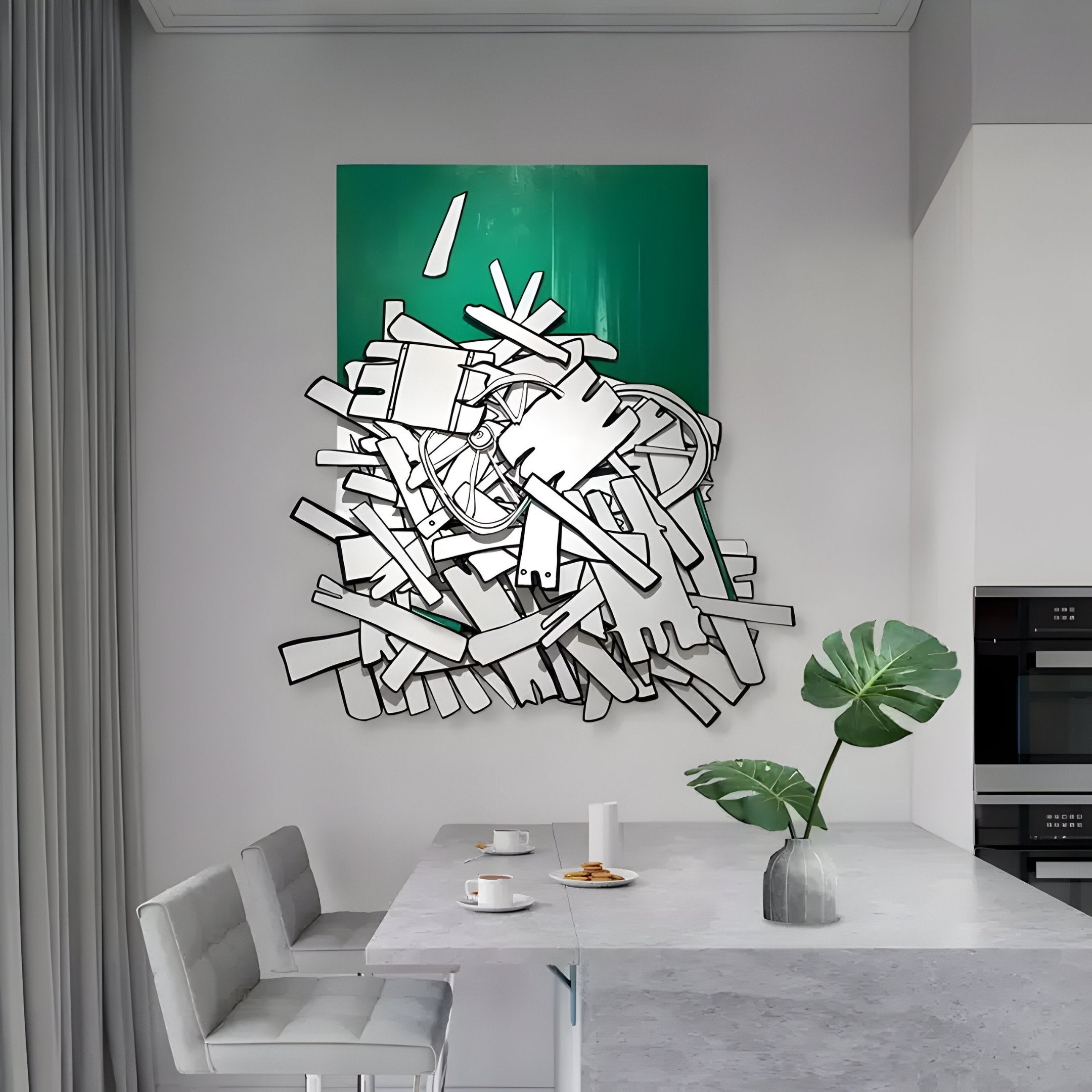 A modern kitchen features a marble island, light gray bar stools, and the Assemblia Green Hand-Painted Wood Graffiti Wall Art by Giant Sculptures, showcasing white and black geometric shapes on green. A large-leaved plant adds greenery to the minimalist decor.