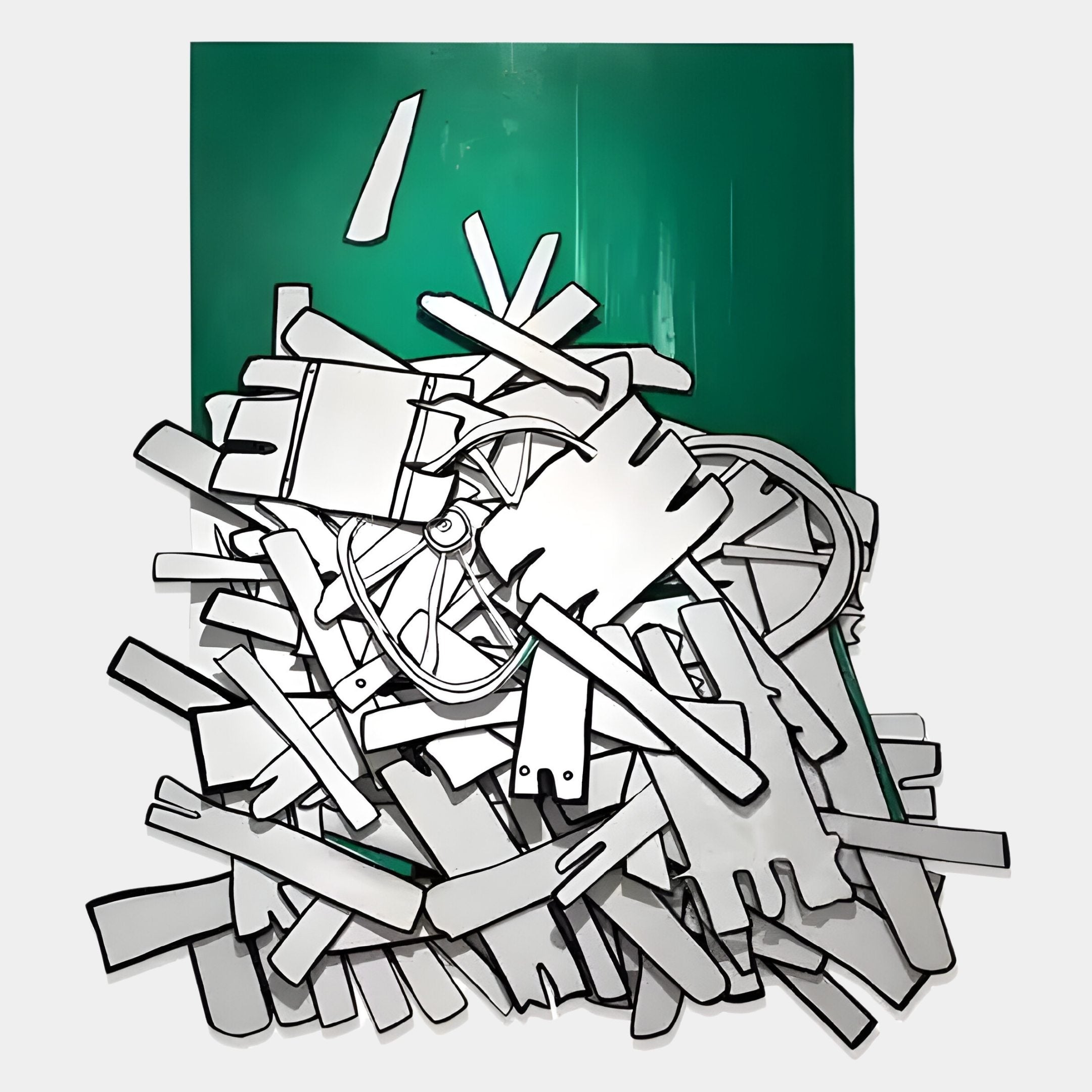 Assemblia Green Hand-Painted Wood Graffiti Wall Art by Giant Sculptures features cartoon-style, black-outlined planks and wagon wheels against a vivid green background, blending playful abstract forms with an urban graffiti vibe.