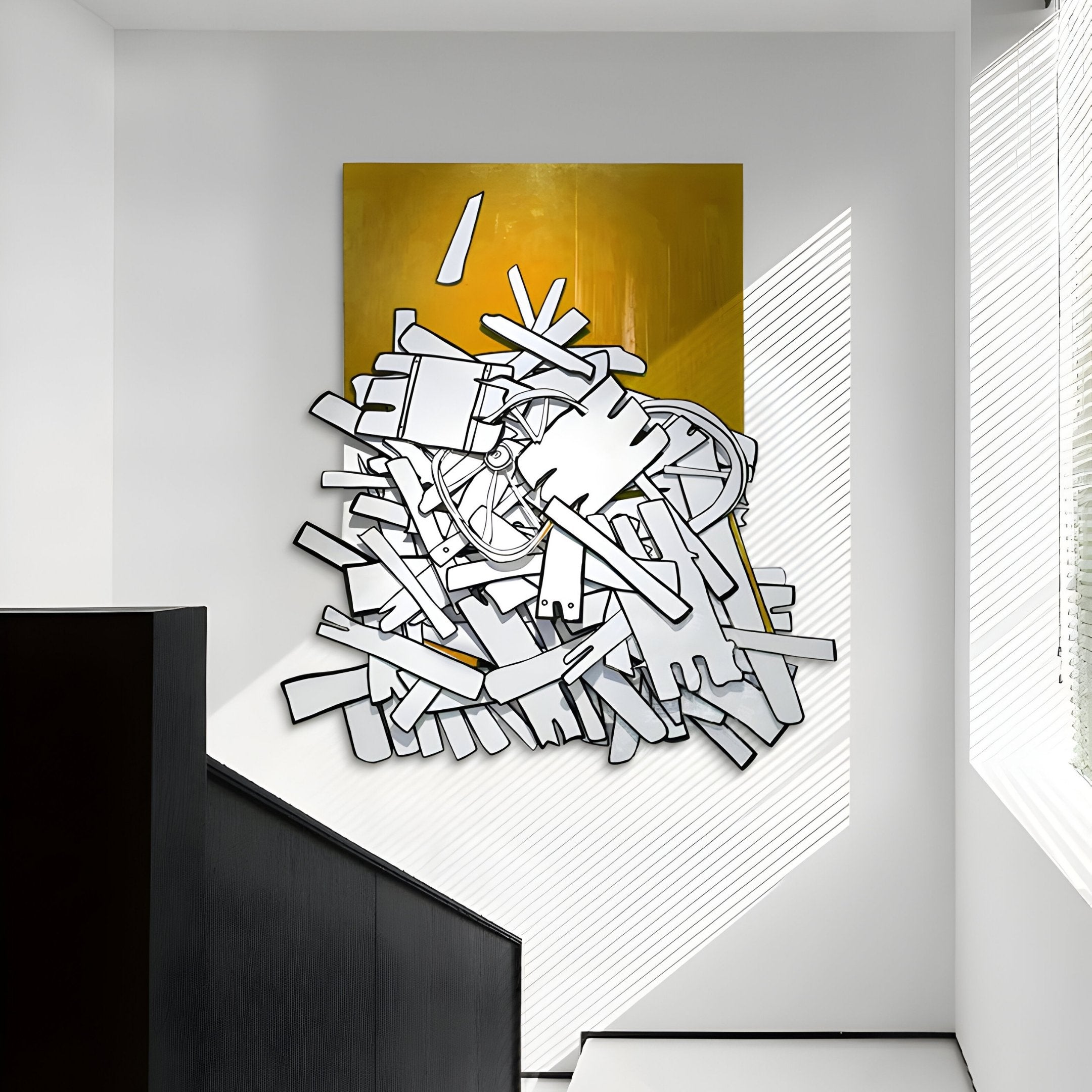 The Assemblia Yellow Hand-Painted Wood Graffiti Wall Art by Giant Sculptures is a contemporary piece with 3D effects, inspired by urban themes. It features an abstract mix of white and gray geometric shapes on a yellow and white backdrop, with sunlight casting shadows on the wall and staircase.