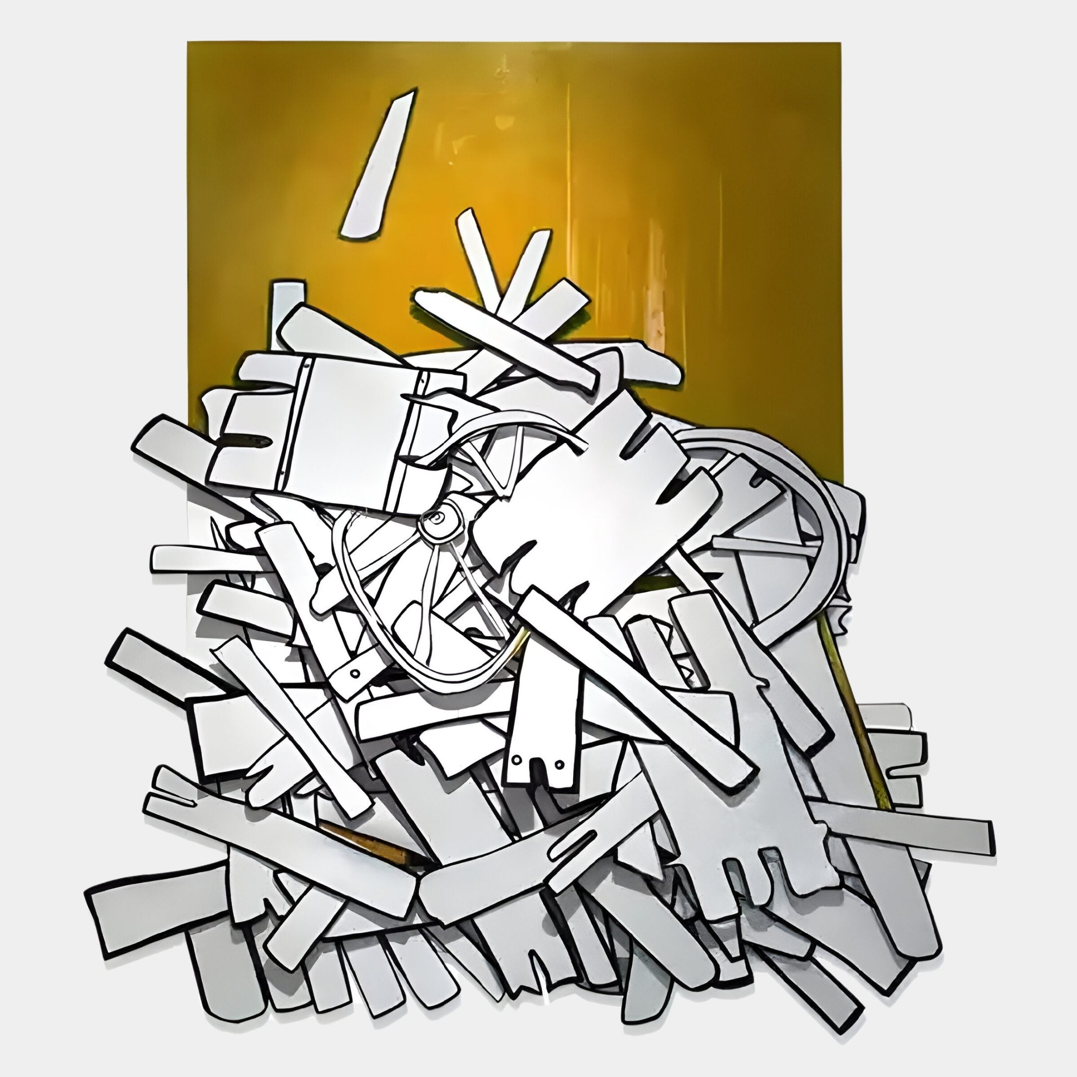 Assemblia Yellow Hand-Painted Wood Graffiti Wall Art by Giant Sculptures features abstract flat white wooden planks and wheels, outlined in black on a yellow background, highlighting urban influences and unique graffiti details.
