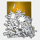Assemblia Yellow Hand-Painted Wood Graffiti Wall Art by Giant Sculptures features abstract flat white wooden planks and wheels, outlined in black on a yellow background, highlighting urban influences and unique graffiti details.