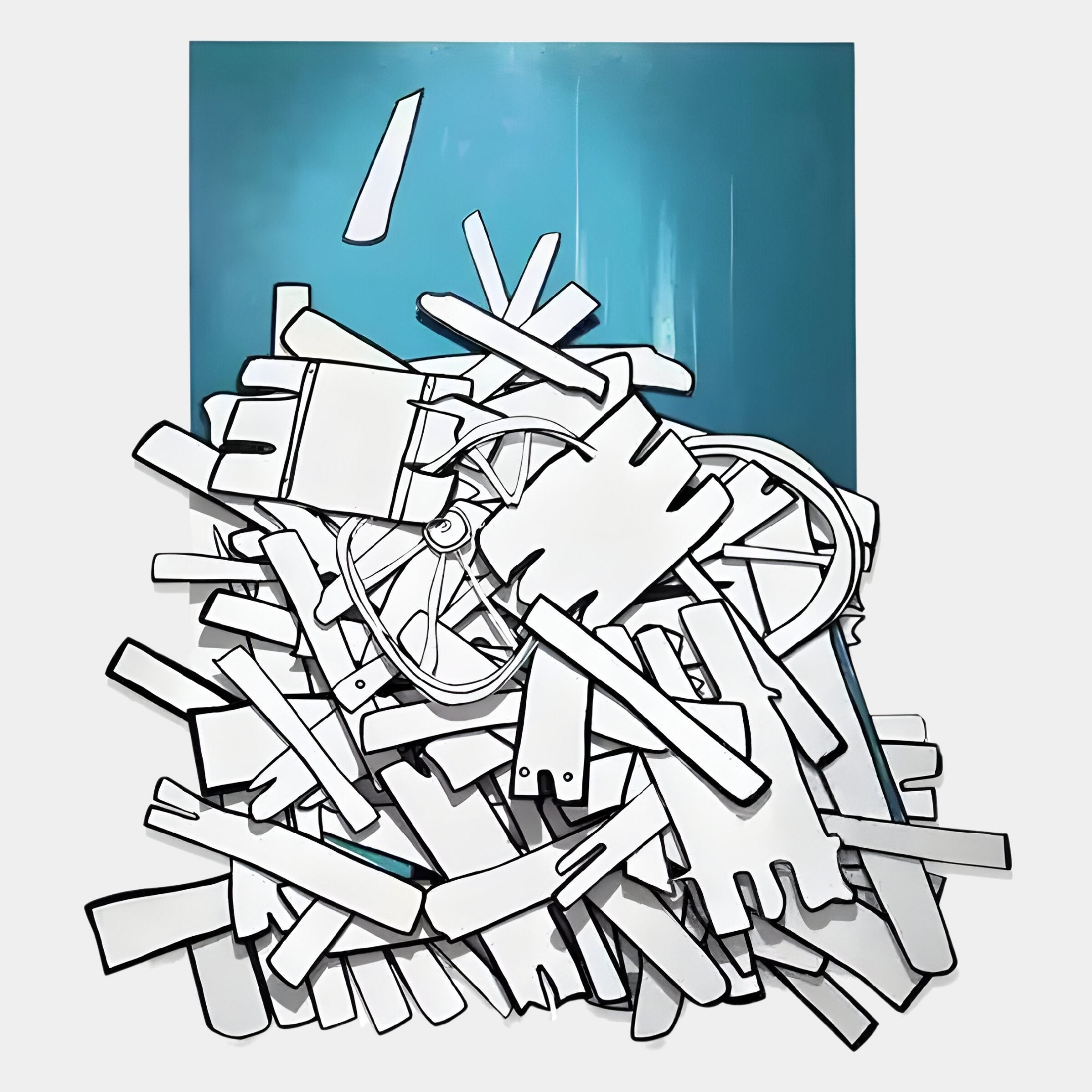 The Assemblia Teal Hand-Painted Wood Graffiti Wall Art by Giant Sculptures features white, cartoon-like planks and wagon wheels with bold black outlines stacked chaotically on a blue background for a striking 3D effect.