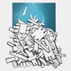 The Assemblia Teal Hand-Painted Wood Graffiti Wall Art by Giant Sculptures features white, cartoon-like planks and wagon wheels with bold black outlines stacked chaotically on a blue background for a striking 3D effect.