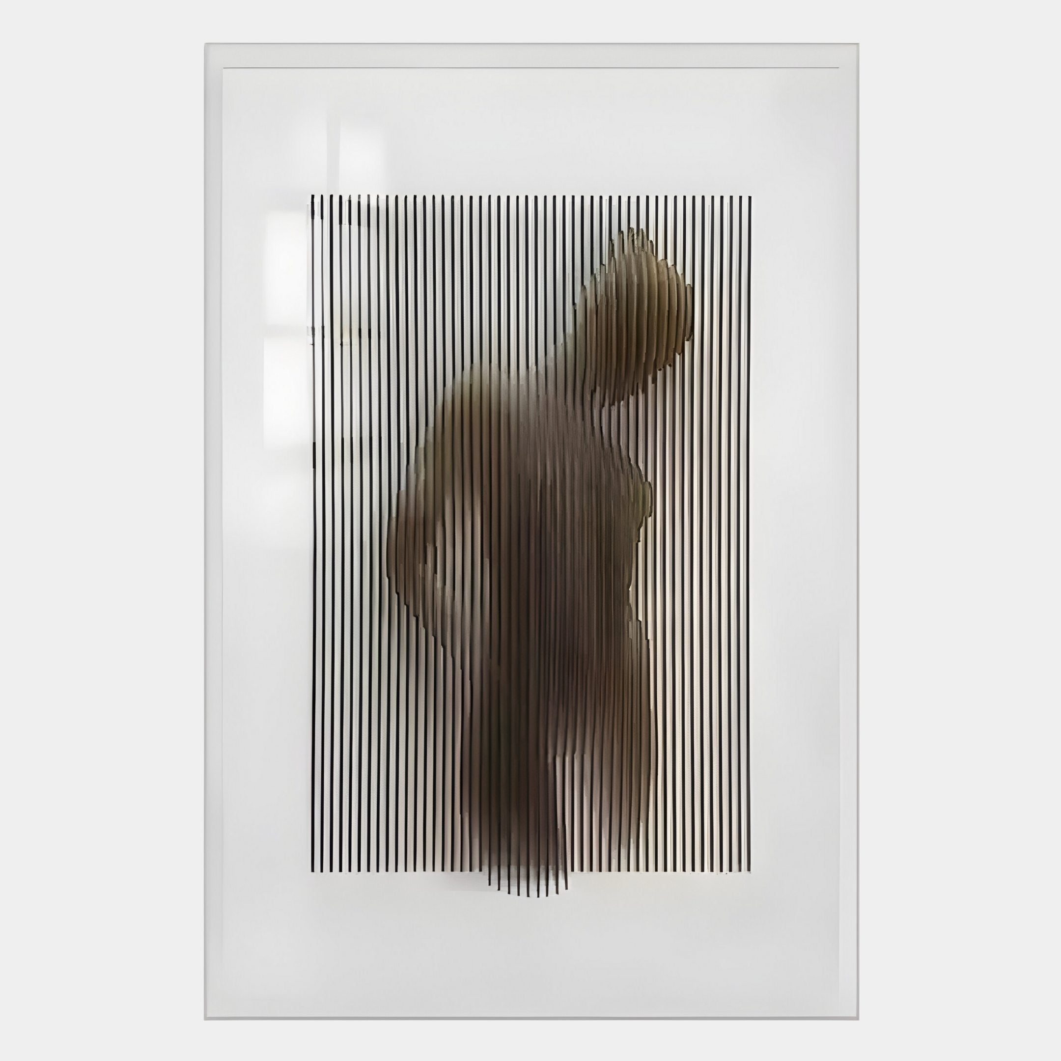 The Illusive Standing Figure Wood Carving 3D Wall Art by Giant Sculptures features a blurred human form behind black lines on white, offering an abstract, modern piece ideal for adding intrigue to contemporary interiors.