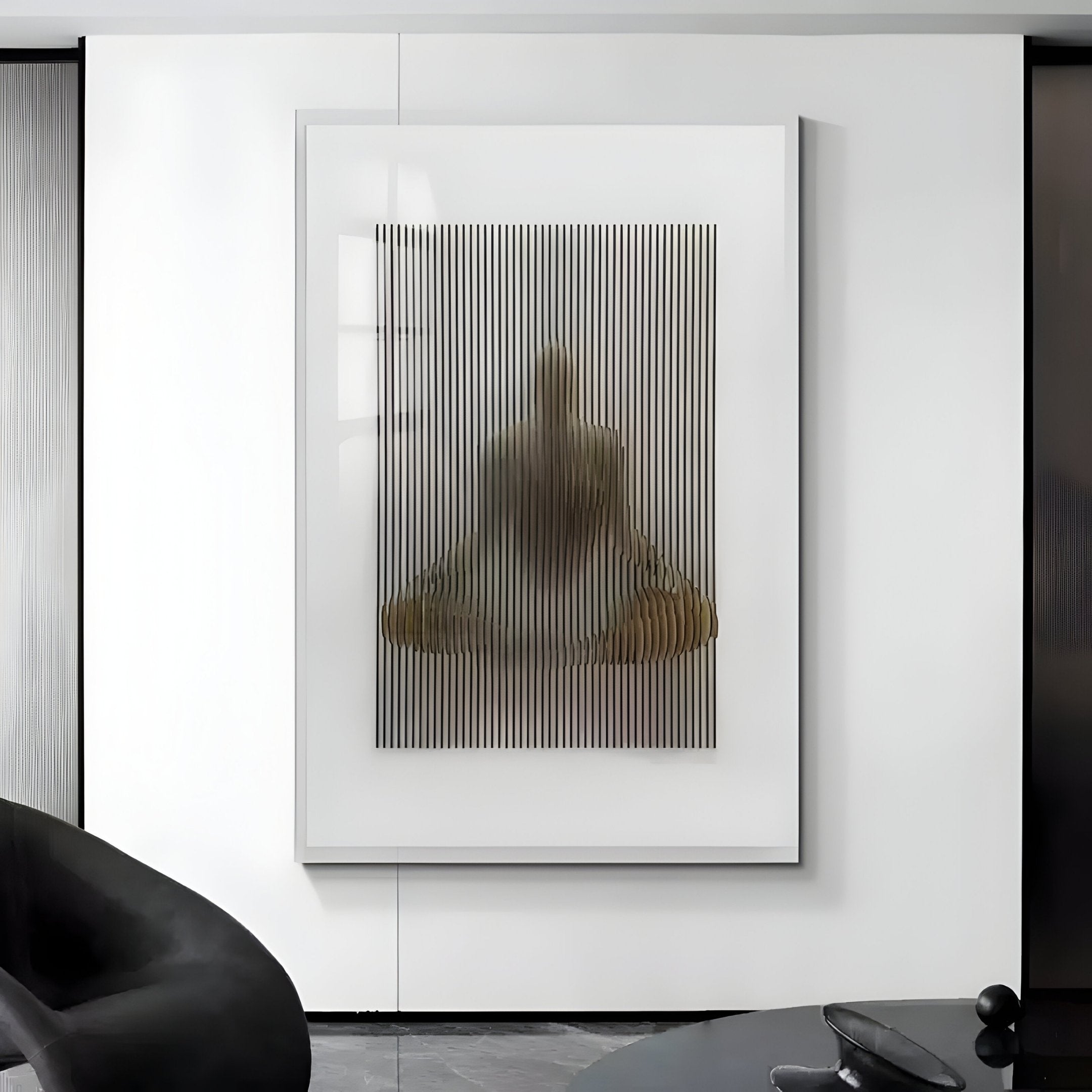 Giant Sculptures Illusive Meditative Pose Wood Carving 3D Wall Art, hanging on a wall, blends illusion effects with vertical lines to enhance the sleek, minimalist room adorned in monochromatic tones and contemporary furniture.