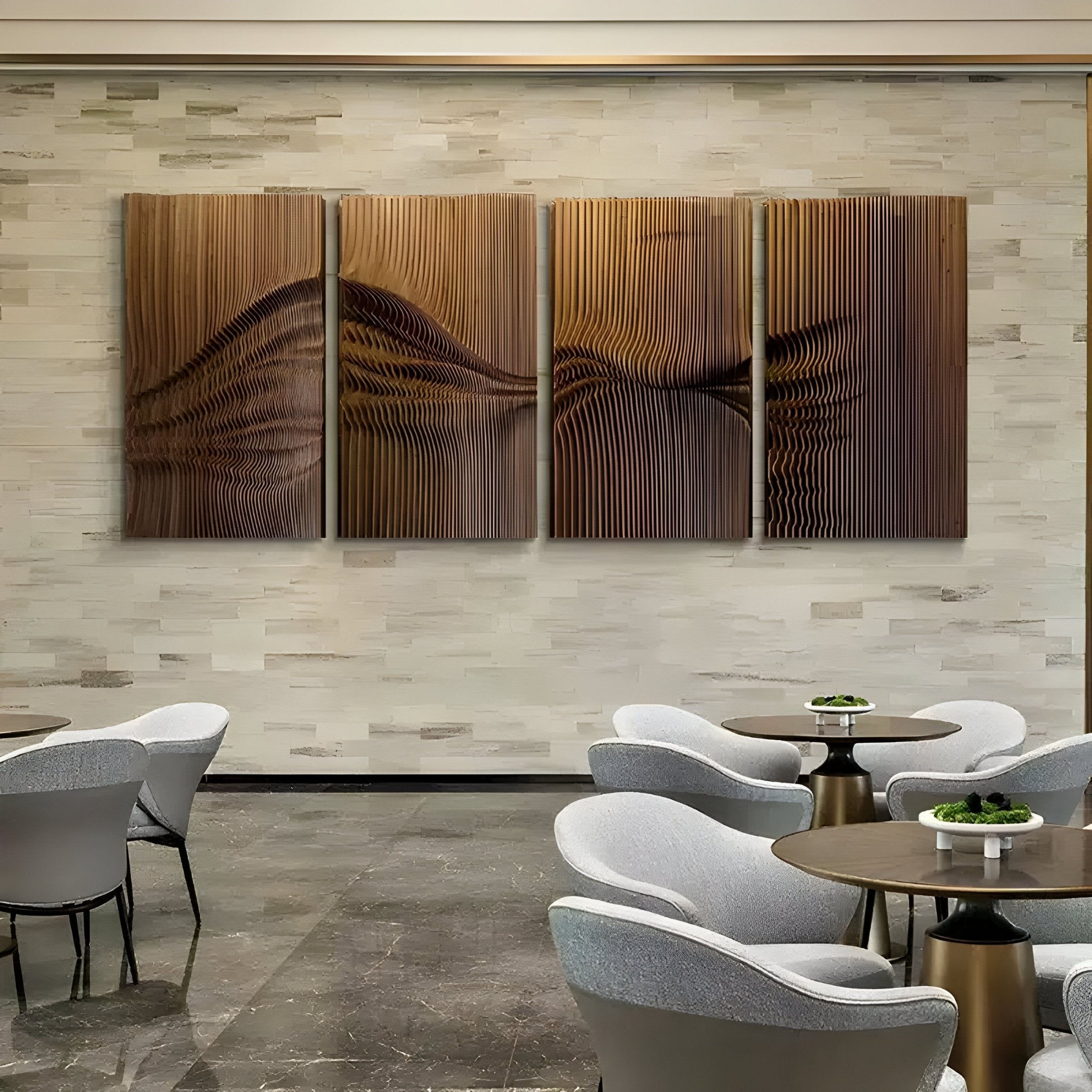 A modern dining area with round tables and gray chairs is enhanced by the Giant Sculptures Harmonic Forms 4-Panel Brown Wood Carving 3D Wall Art, featuring an abstract wavy pattern on a light stone wall. The dark marble floor and green salad plates create a harmonious blend of textures and tones.