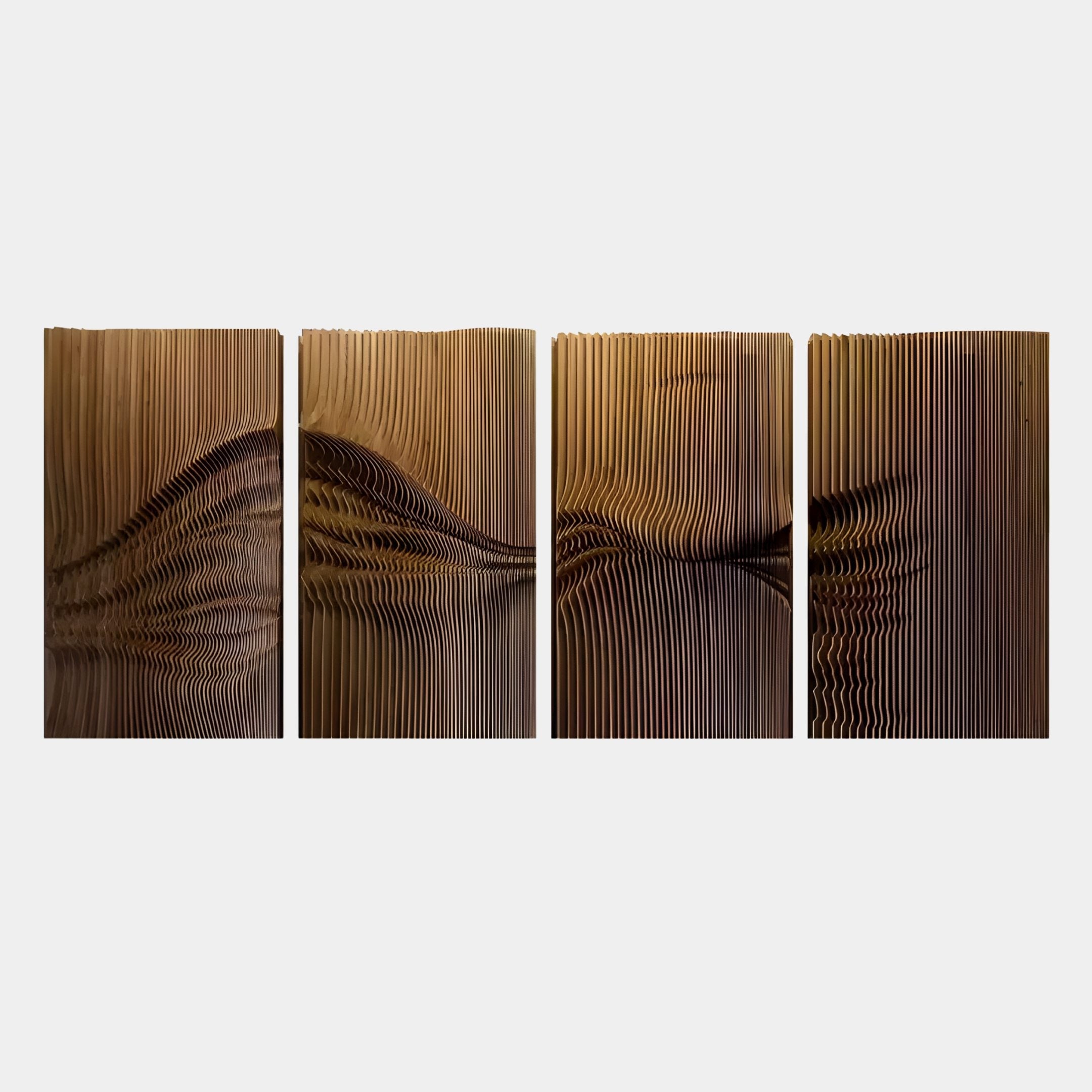 The Harmonic Forms 4-Panel Brown Wood Carving 3D Wall Art by Giant Sculptures features curved, wave-like grooves on four panels, creating a striking abstract pattern against a light gray background.