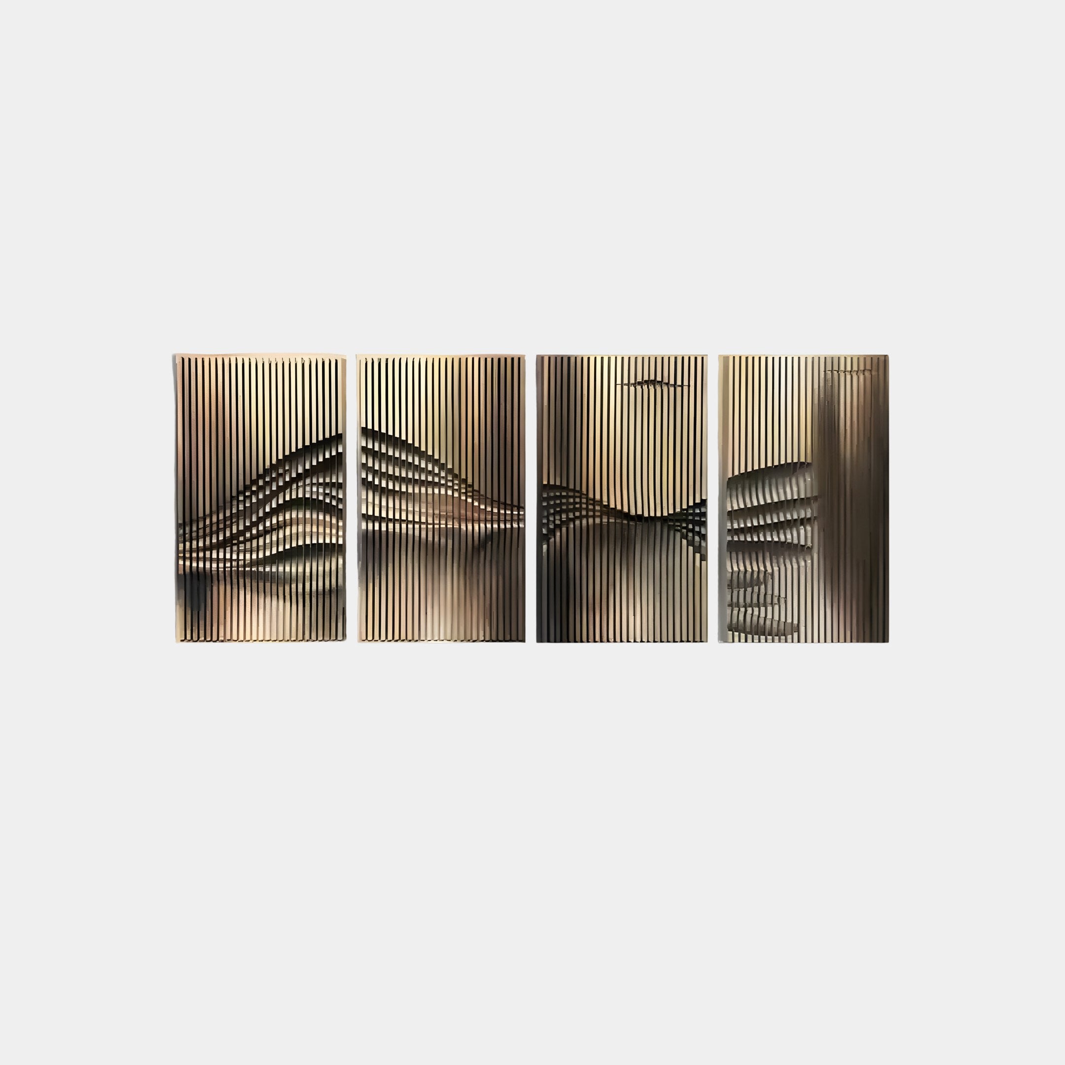 The Harmonic Forms 4-Panel Rustic Bronze Wood Carving 3D Wall Art by Giant Sculptures features abstract vertical lines and wavy patterns, resembling an undulating landscape in gold, beige, and black, creating an optical illusion across the wave pattern decor.