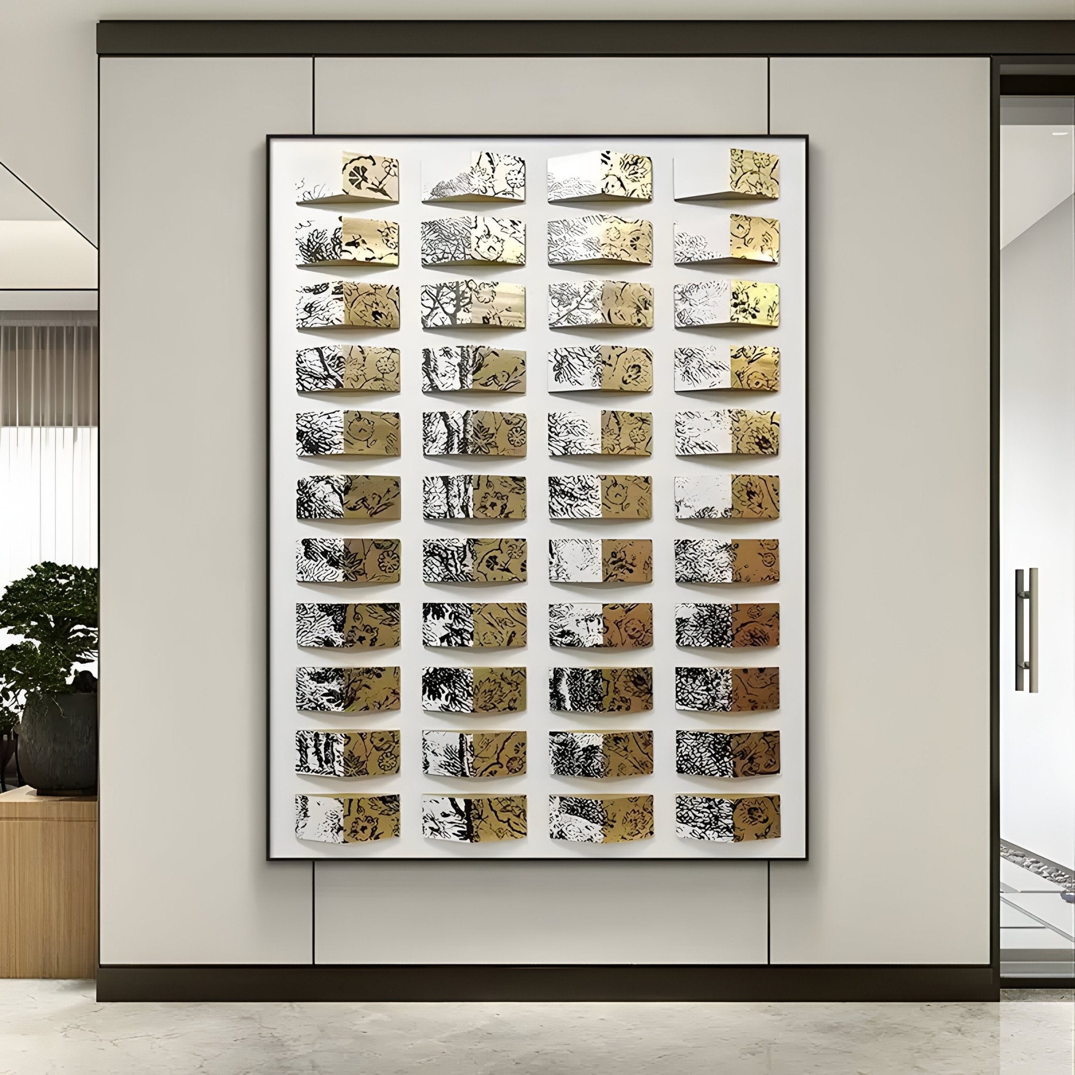 The Muraluxe Gold & Black Curved Mosaic 3D Wooden Wall Art by Giant Sculptures adorns the wall, displaying a textured visual effect with its striking gold and black mosaic and 3D wooden panels, beautifully arranged in rows and columns against a neutral-toned backdrop.