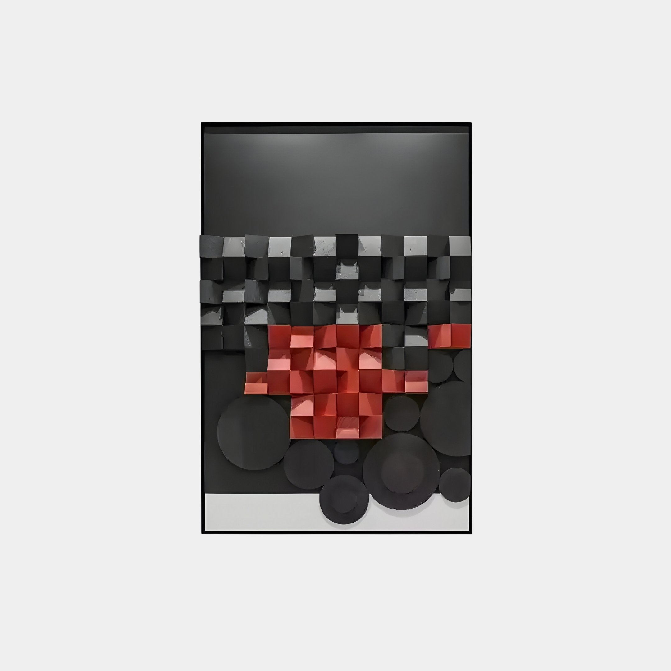 The Obscura Black & Red Geometric 3D Wooden Wall Art by Giant Sculptures showcases a modern, sophisticated design with a 3D grid of black and gray cubes highlighted by vivid red clusters, while overlapping black and dark gray circles add depth.