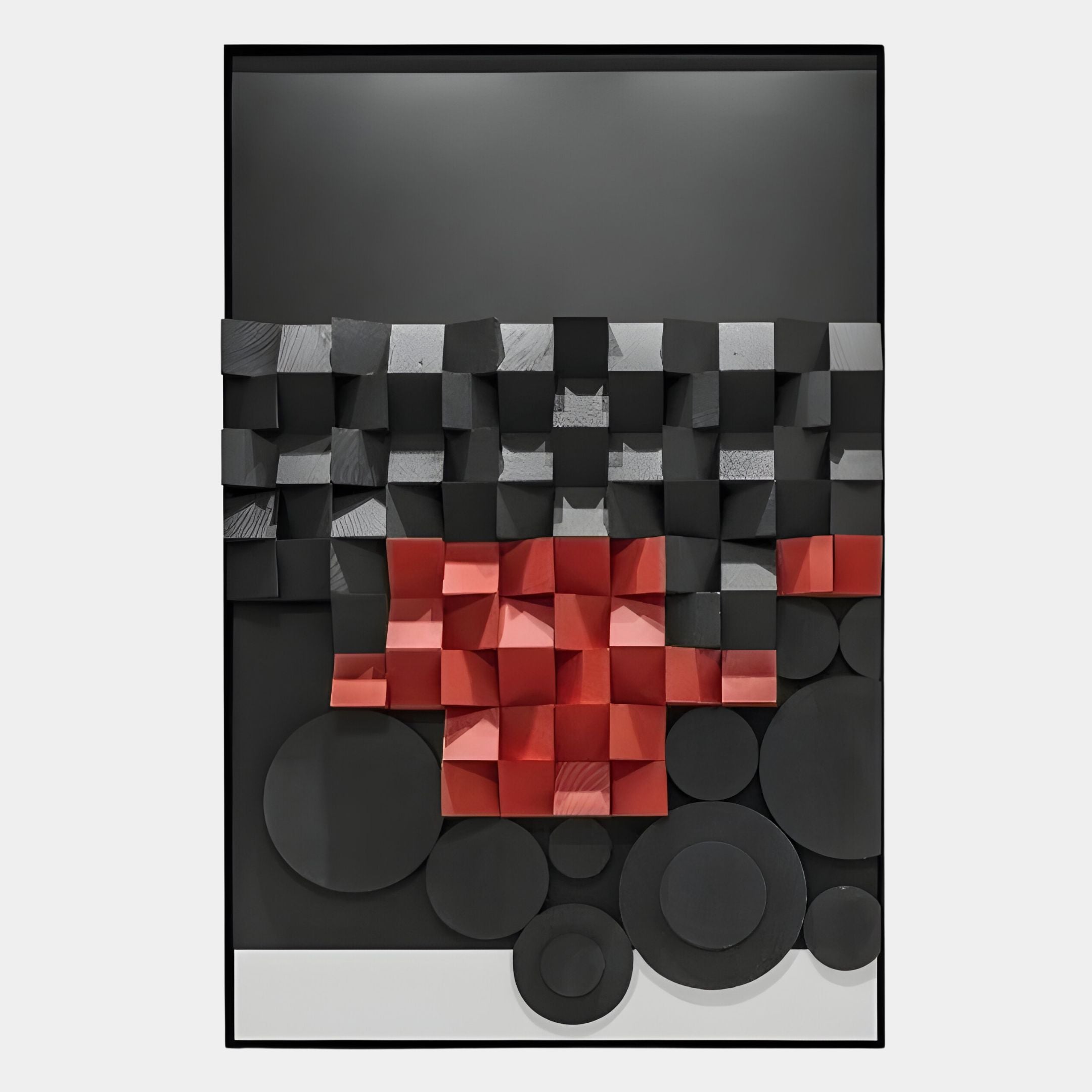 The Obscura Black & Red Geometric 3D Wooden Wall Art by Giant Sculptures features raised black, gray, and red squares in a central grid and flat black circles of different sizes below, all set on a dark background.
