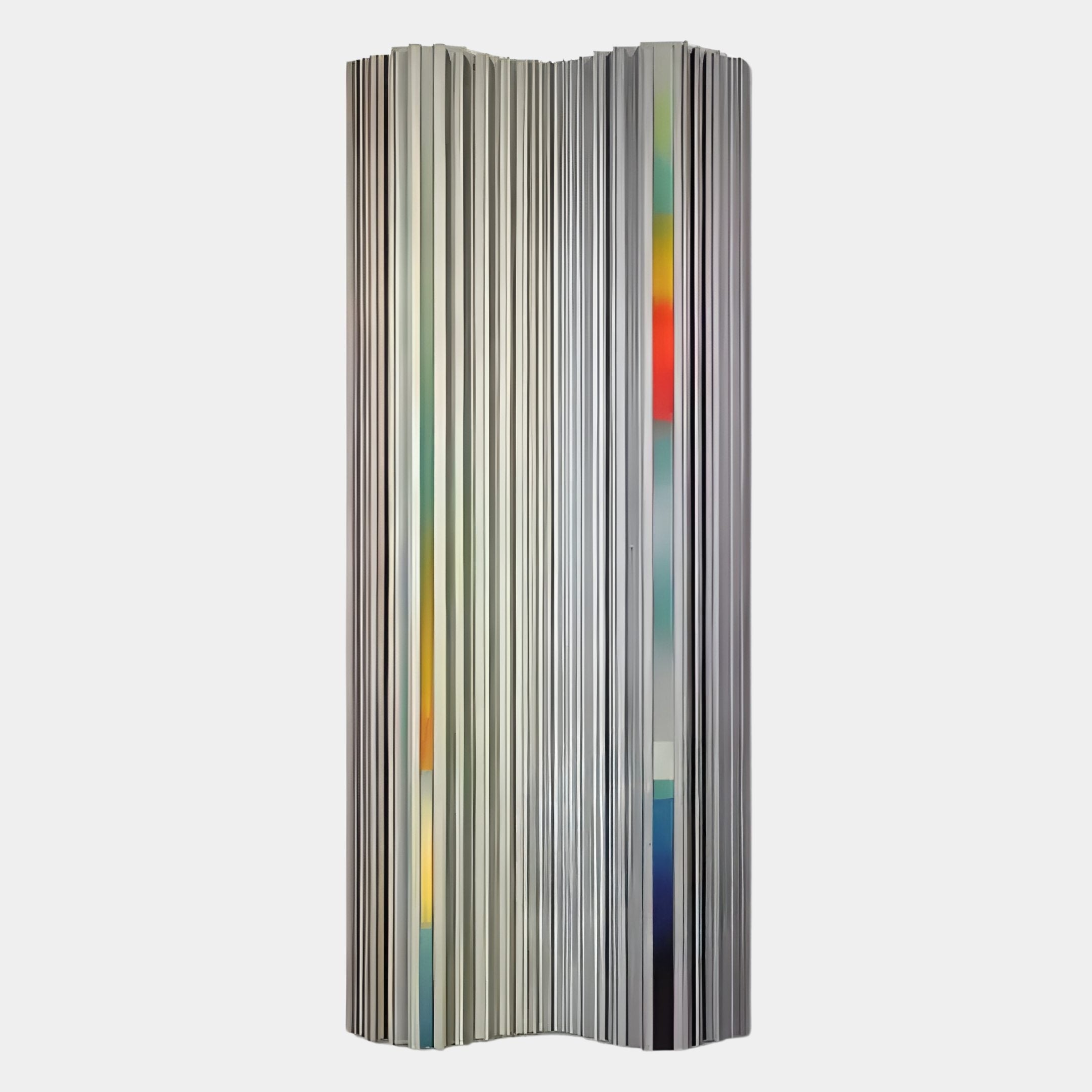 The Illumina Chrome Colourful Vertical Wooden Hand-Painted 3D Wall Art by Giant Sculptures features modern wavy panels with hand-painted stripes in greys, whites, yellows, reds, and blues on a white backdrop for artistic flair.