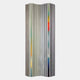 The Illumina Chrome Colourful Vertical Wooden Hand-Painted 3D Wall Art by Giant Sculptures features modern wavy panels with hand-painted stripes in greys, whites, yellows, reds, and blues on a white backdrop for artistic flair.