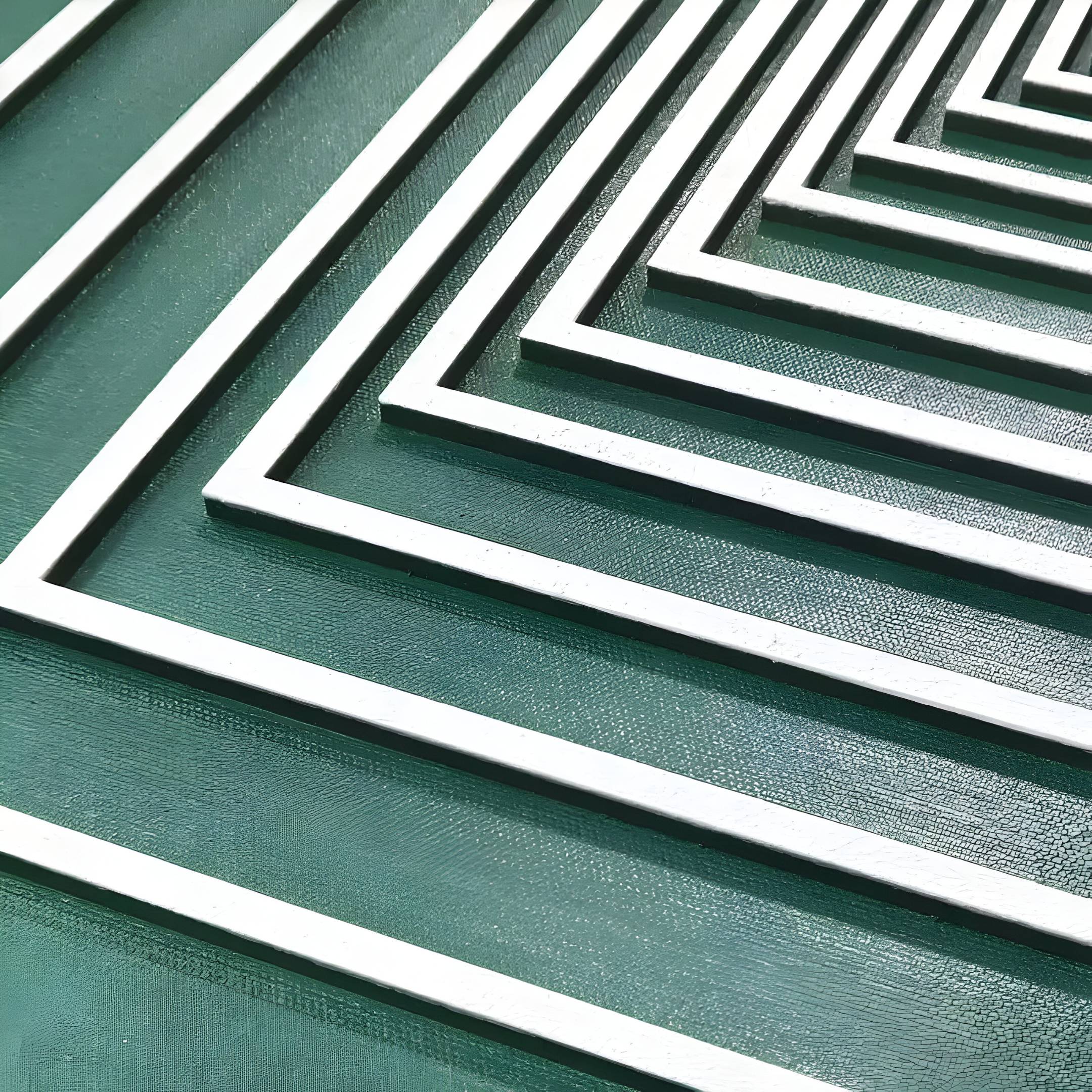 Giant Sculptures Prismalux Green Wood Carving is a hand-painted 3D wall art featuring white geometric lines forming parallel, angled rectangles on a teal background, creating a layered optical illusion effect.