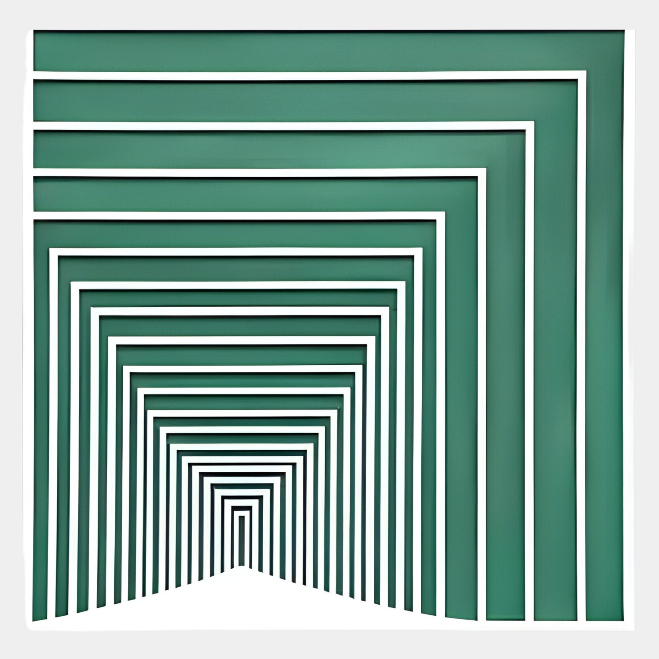 The Prismalux Green Wood Carving Hand-Painted 3D Wall Art by Giant Sculptures features layered white rectangular frames on a green gradient, creating striking geometric patterns and a captivating, tunnel-like three-dimensional effect.