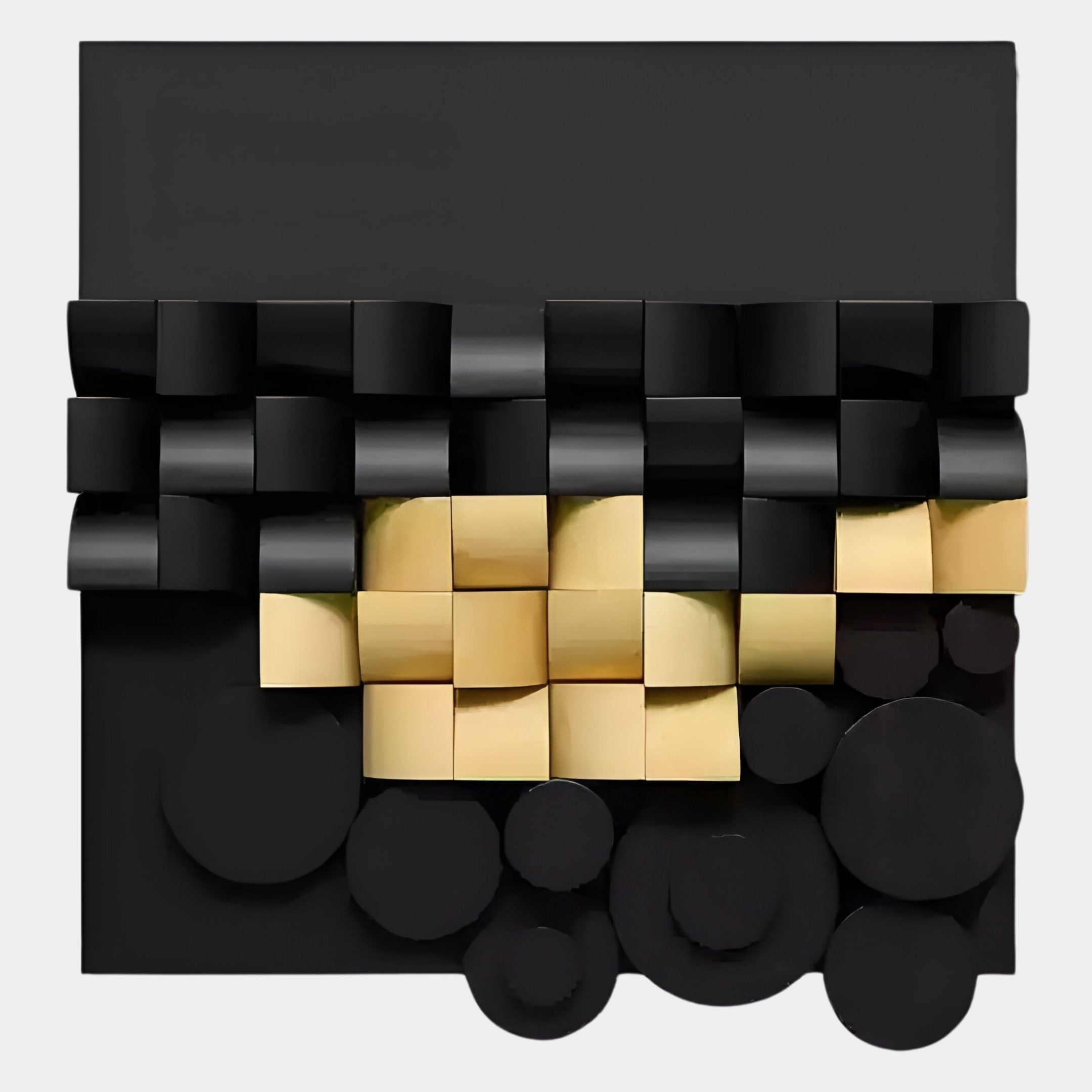 The Nocturna Black & Gold Modular Wooden Hand-Painted 3D Wall Art by Giant Sculptures displays black and gold rectangular blocks with black circles on a flat black background, creating a bold, modern pattern with striking contrasts.