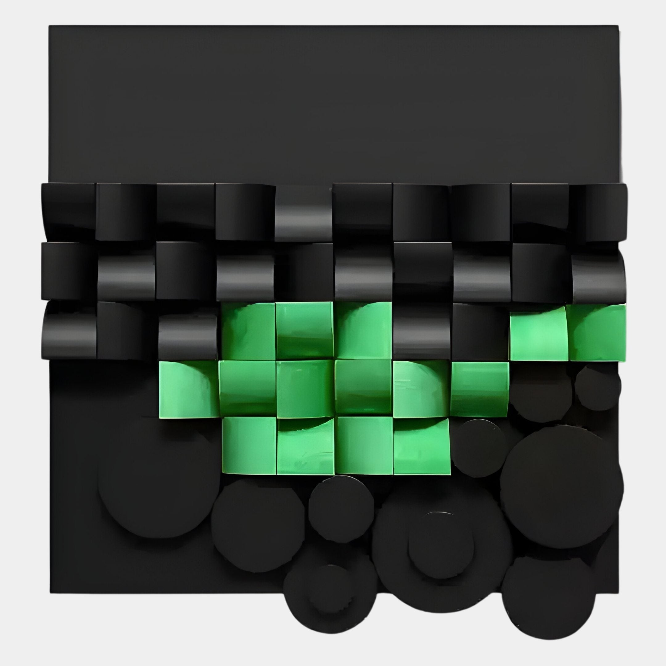 The Nocturna Black & Green Modular Wooden Hand-Painted 3D Wall Art by Giant Sculptures features glossy green and matte black cubes in a grid, accented with clustered circular black shapes on gray for a striking geometric effect.