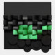 The Nocturna Black & Green Modular Wooden Hand-Painted 3D Wall Art by Giant Sculptures features glossy green and matte black cubes in a grid, accented with clustered circular black shapes on gray for a striking geometric effect.