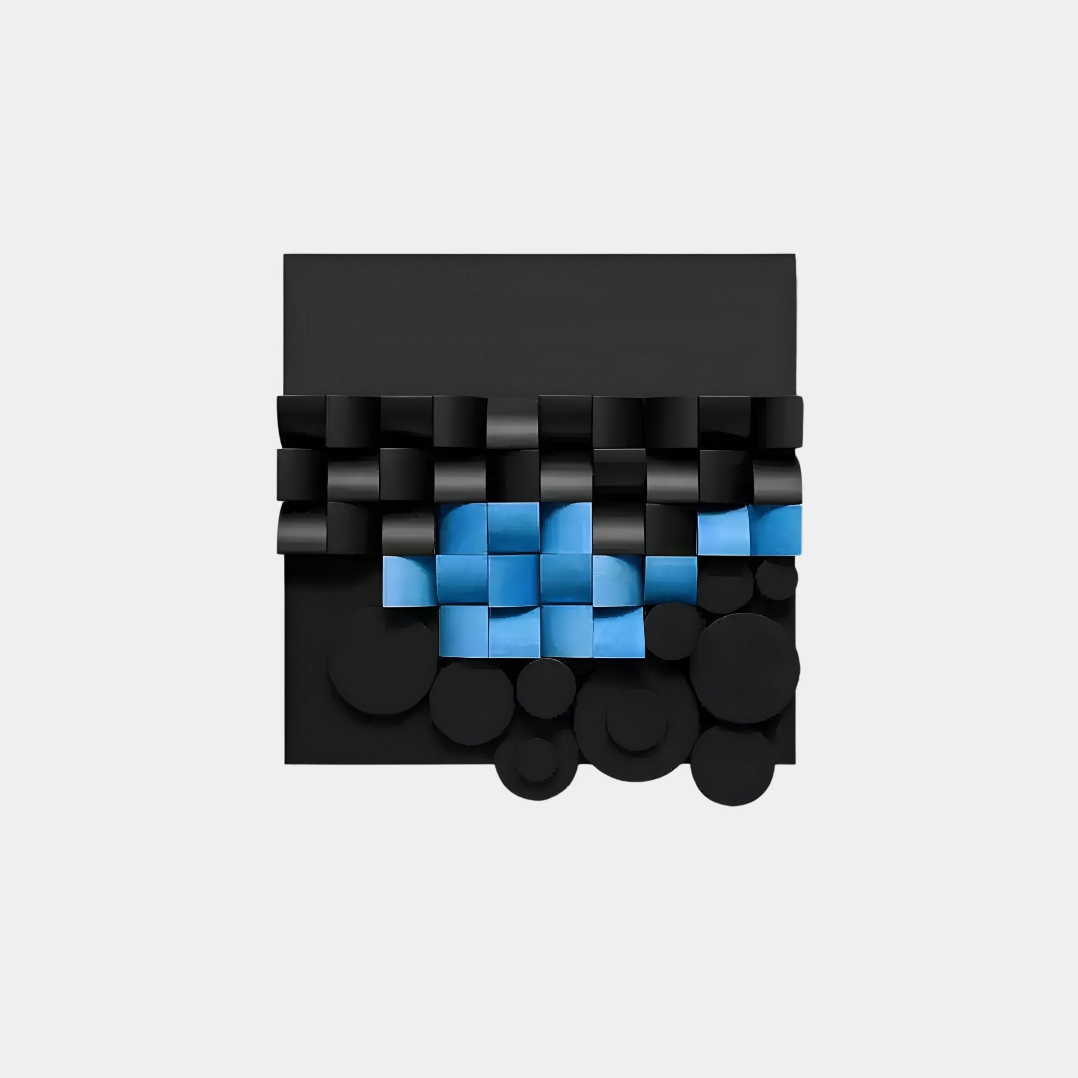 The Nocturna Black & Blue Modular Wooden Hand-Painted 3D Wall Art by Giant Sculptures features interwoven black and blue squares with various black circular shapes, creating a textured, three-dimensional effect on a white background to add depth and flair to any space.