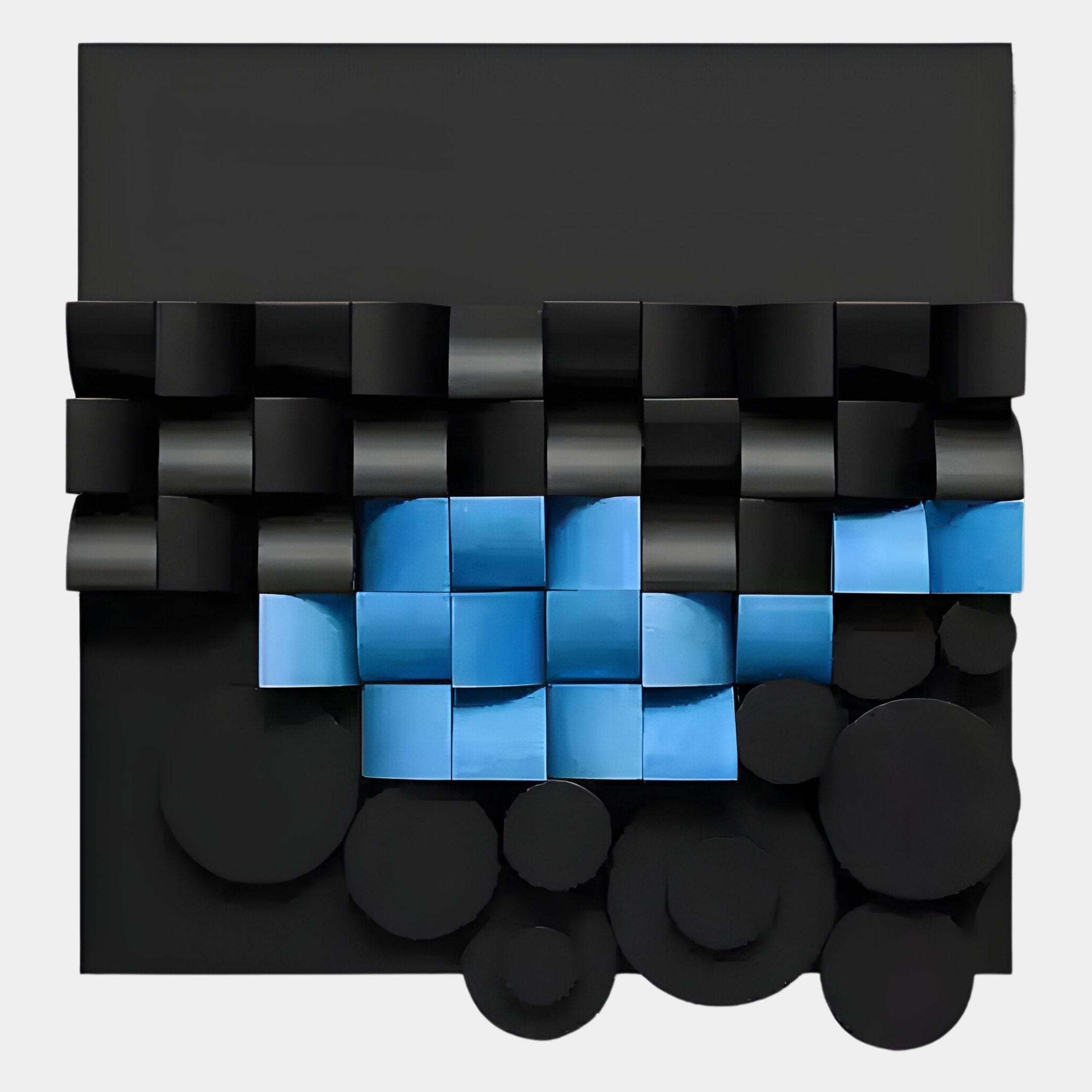 The Nocturna Black & Blue Modular Wooden Hand-Painted 3D Wall Art by Giant Sculptures features abstract black and blue blocks and cylinders in a grid on a black background, with blue shapes forming a central horizontal band.