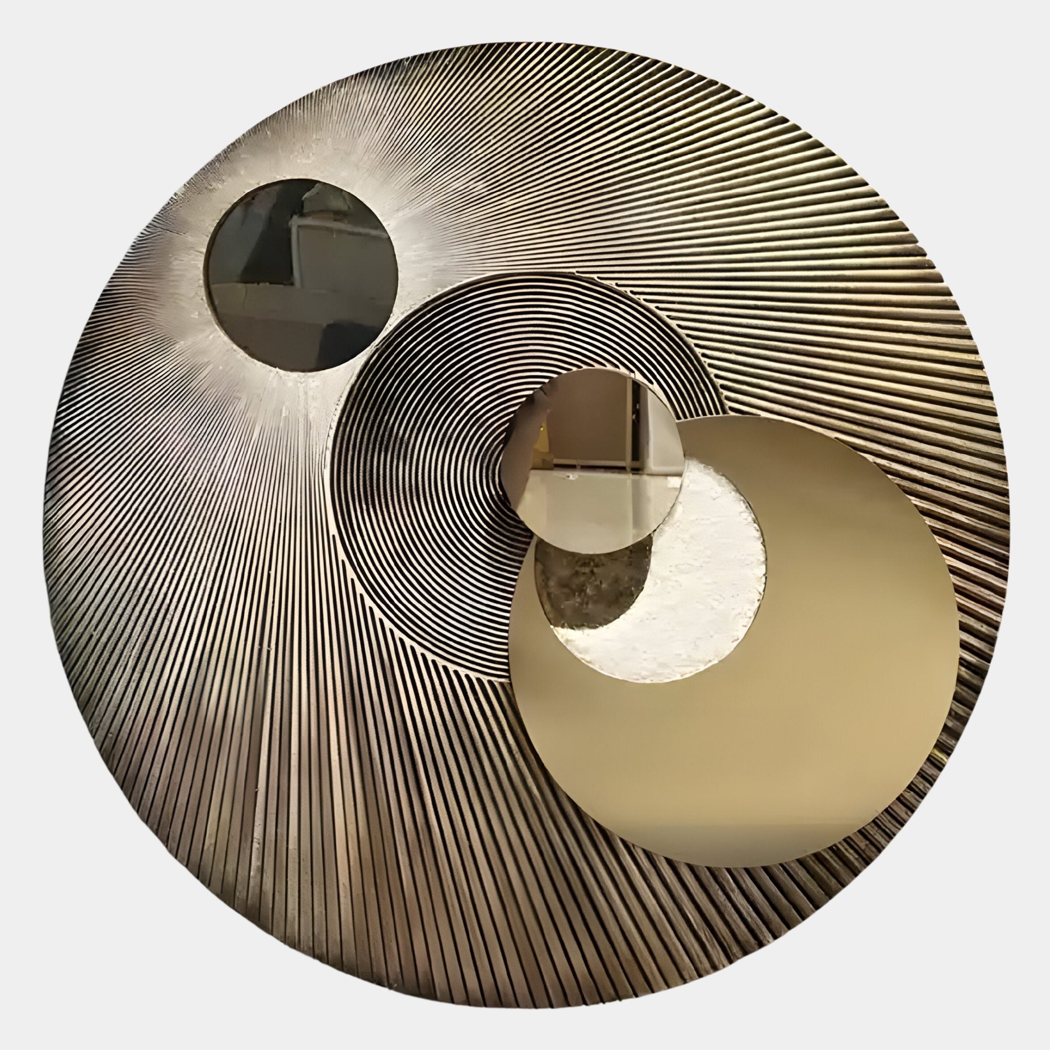 The Orbitra Gold Reflective Circular 3D Wall Art by Giant Sculptures features radiating textured lines and three shiny mirrors in a modern, abstract geometric design—an elegant decor piece for any room.