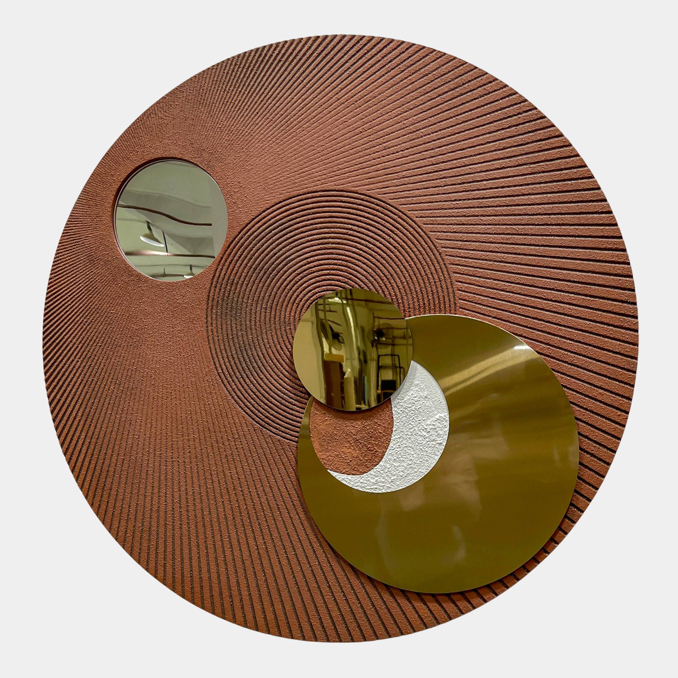 Orbitra Copper Reflective Circular 3D Wall Art by Giant Sculptures, featuring three polished copper-gold mirrored discs on a textured brown radial-ribbed circular panel.