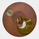 Orbitra Copper Reflective Circular 3D Wall Art by Giant Sculptures, featuring three polished copper-gold mirrored discs on a textured brown radial-ribbed circular panel.