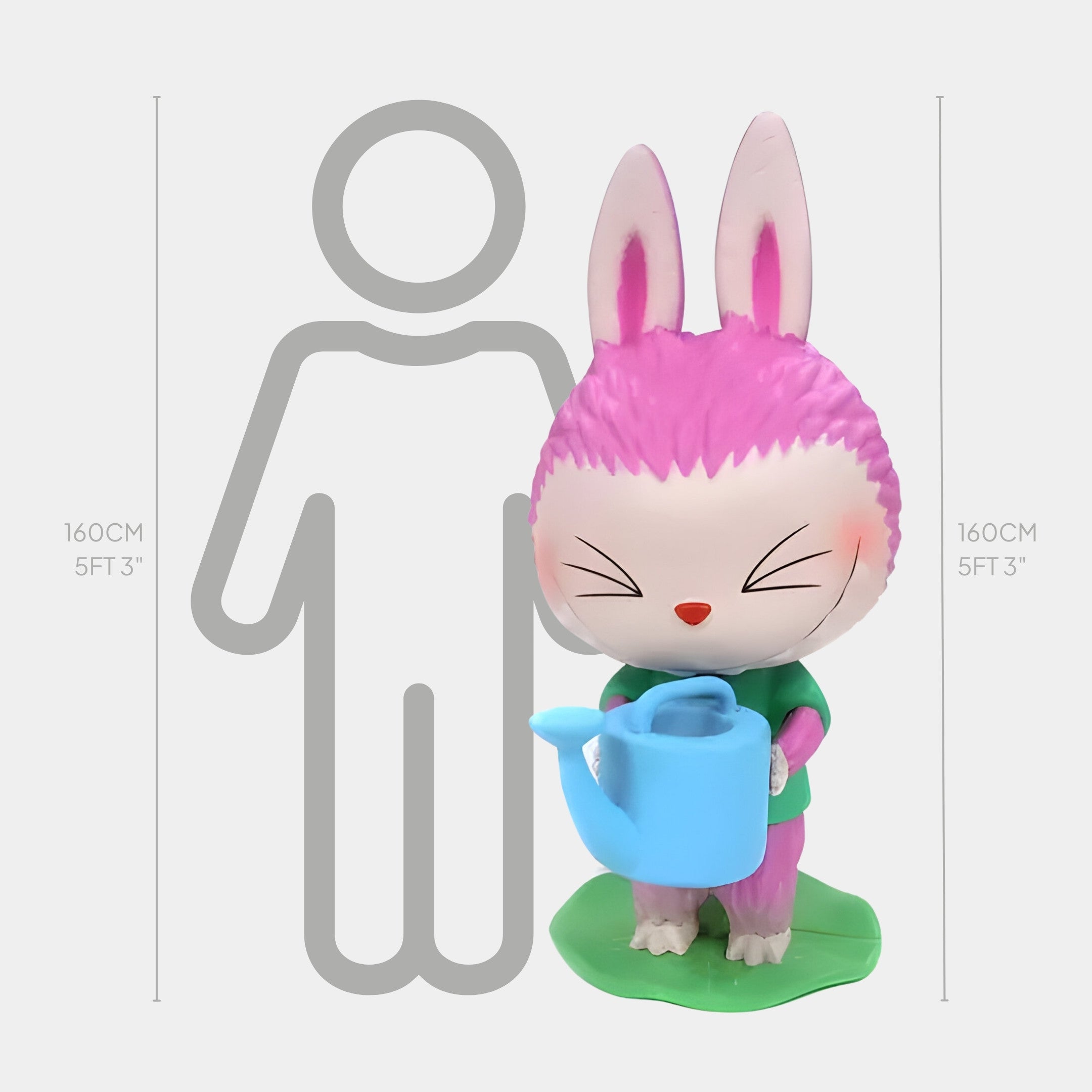 The Giant Sculptures Flower Elves Water Lilies Labubu Sculpture, a 160cm pink and white bunny holding a blue watering can, stands before a height chart next to a 160cm (5ft 3in) gray human silhouette.
