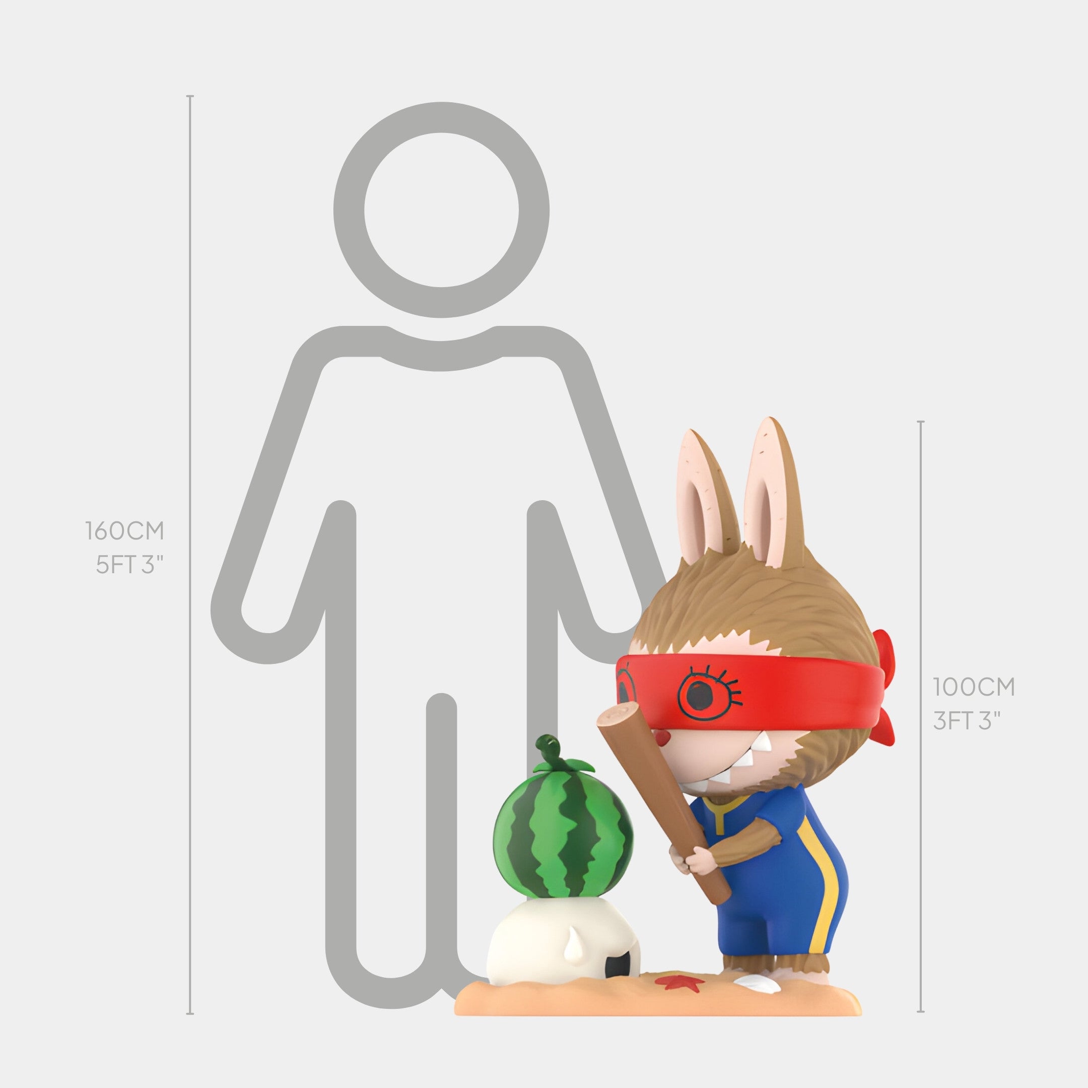 The Watermelon Fruit Labubu Sculpture - 100cm by Giant Sculptures features a bunny in a red blindfold and blue outfit holding a bat, ready to hit a watermelon, with height shown on a chart comparing 160 cm and 100 cm.