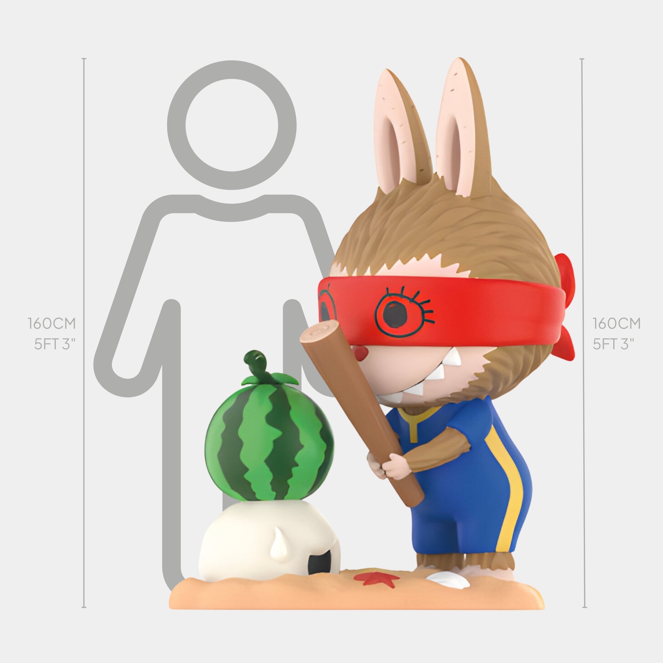 A cartoon bunny in a red blindfold and blue outfit holds a bat, ready to smash a watermelon atop a mound, capturing the playful, hand-painted style of Giant Sculptures Watermelon Fruit Labubu Sculpture - 160cm.