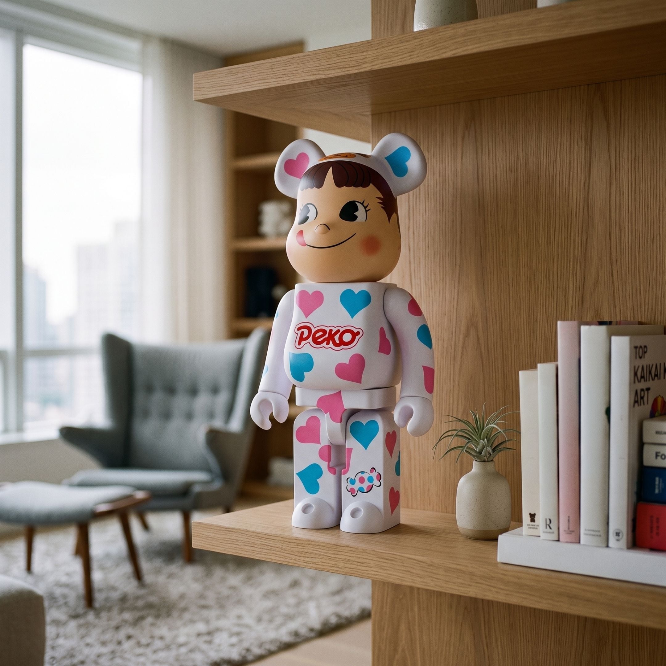 LoveBubble White Bear Sculpture, 70cm, with pink and blue heart print and Peko chest logo, displayed on a wooden shelf in a living room.