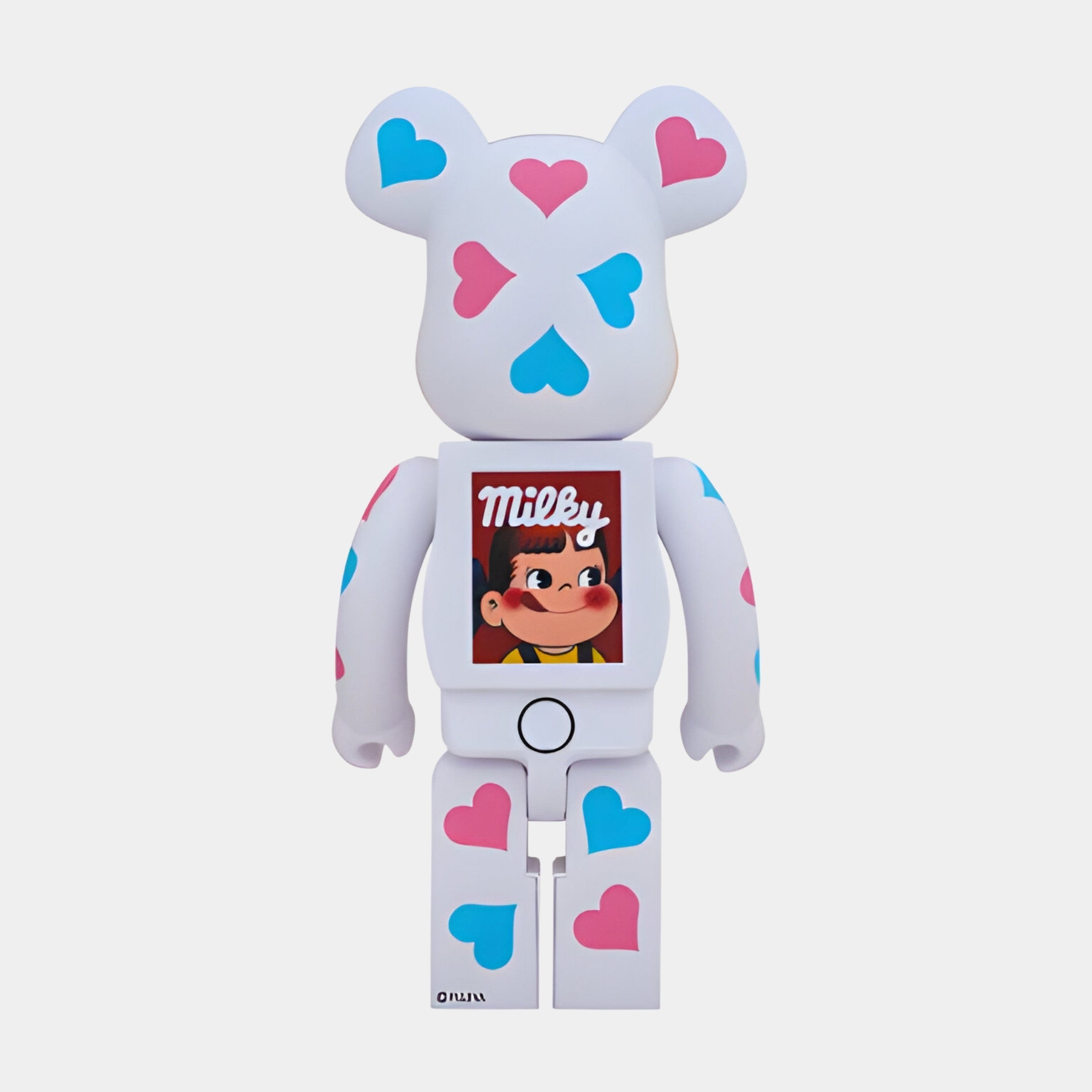 The LoveBubble White Bear Sculpture - 70cm by Giant Sculptures features blue and pink hearts, a cartoon girl image with Milky on its back, all printed in UV-stable ink on a plain white bear.