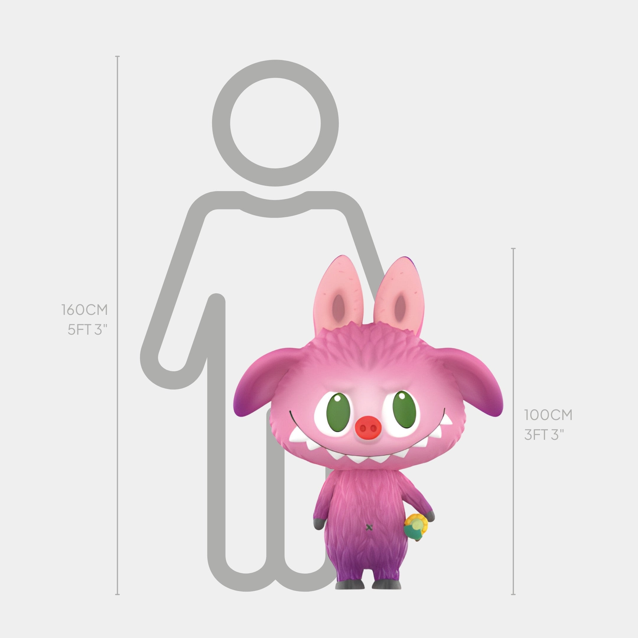 The Animal Wild Boar Labubu Sculpture by Giant Sculptures stands 100cm tall, featuring a pink, cartoonish figure in a vibrant boar costume with big green eyes, large ears, a wide grin, and holding a small yellow object. A gray human silhouette shows its height.
