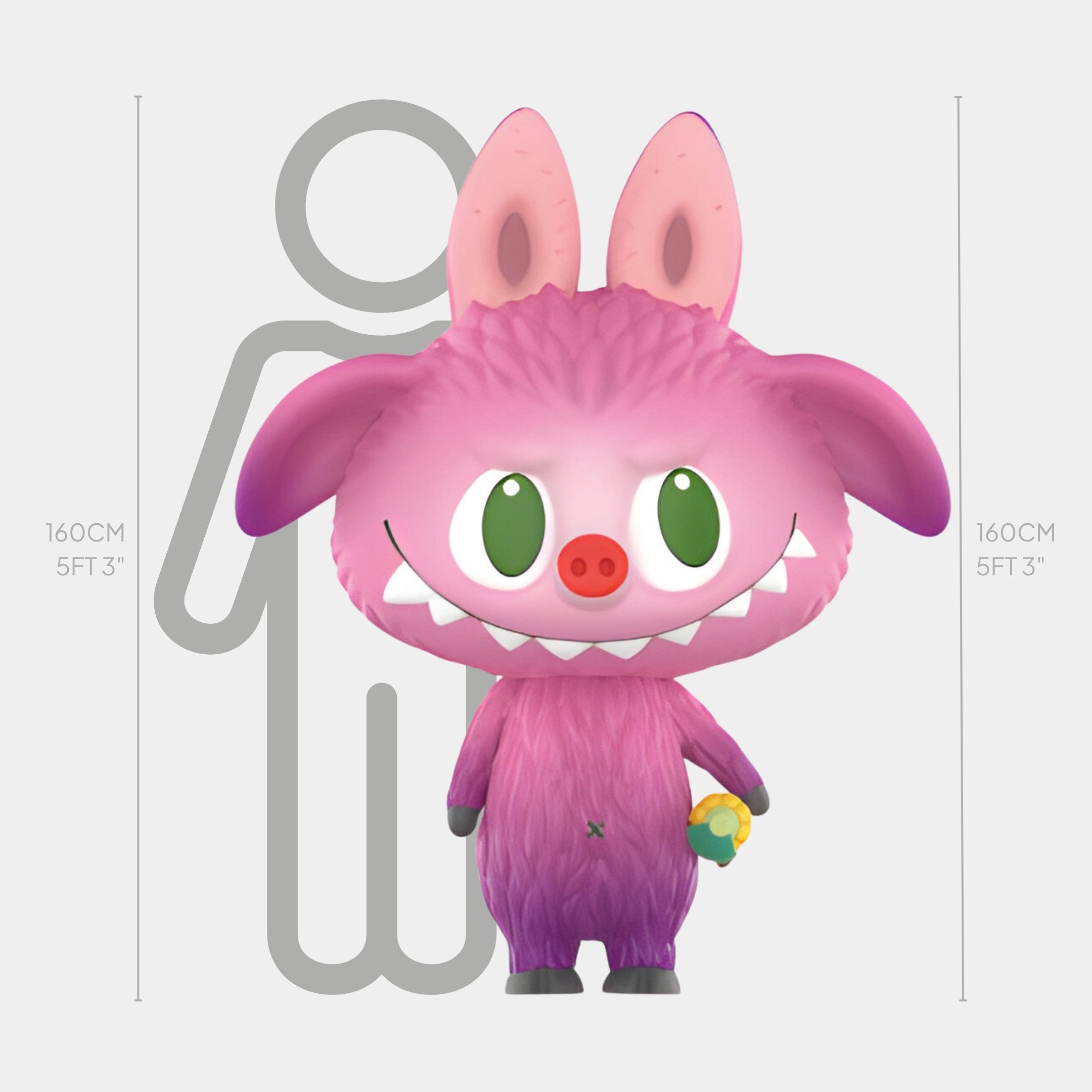 The Animal Wild Boar Labubu Sculpture by Giant Sculptures stands 160cm tall, featuring a pink, cartoonish creature with big green eyes, large ears, sharp teeth, and a round nose holding a small yellow and green object beside a human for scale.