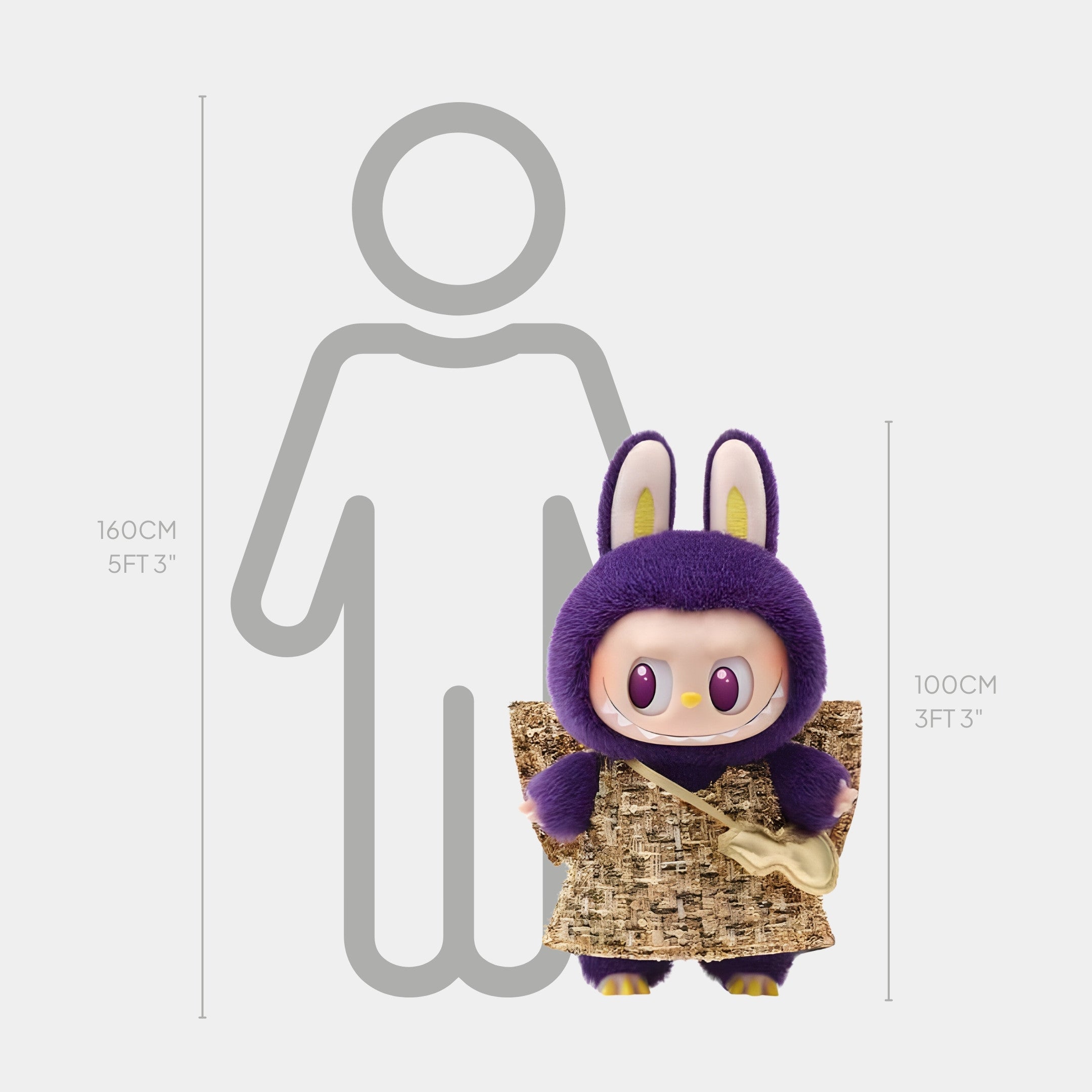 The Fortune Wings Purple Labubu Sculpture - 100cm by Giant Sculptures stands in a purple bunny suit beside a height chart, highlighting its 100 cm (3 ft 3 in) size next to a 160 cm (5 ft 3 in) illustrated human.