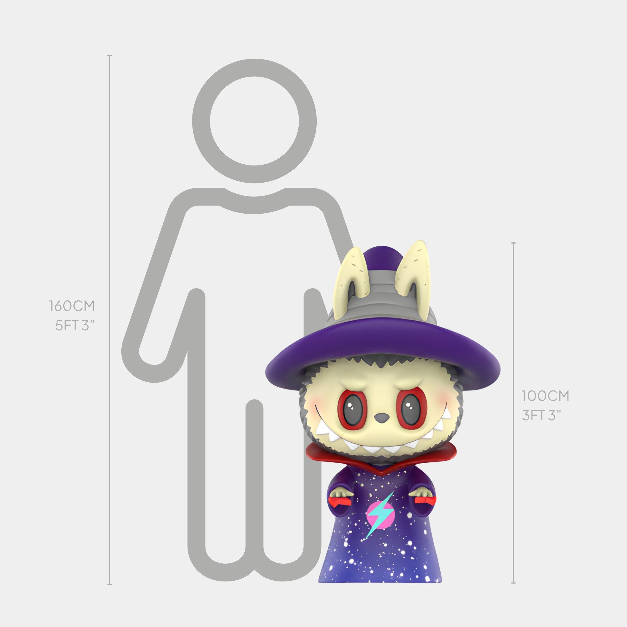 The Space Wizard Labubu Sculpture - 100cm by Giant Sculptures features a cartoon figure with rabbit ears and a starry robe, shown before a height chart beside a 160 cm (5 ft 3 in) person’s silhouette for scale.