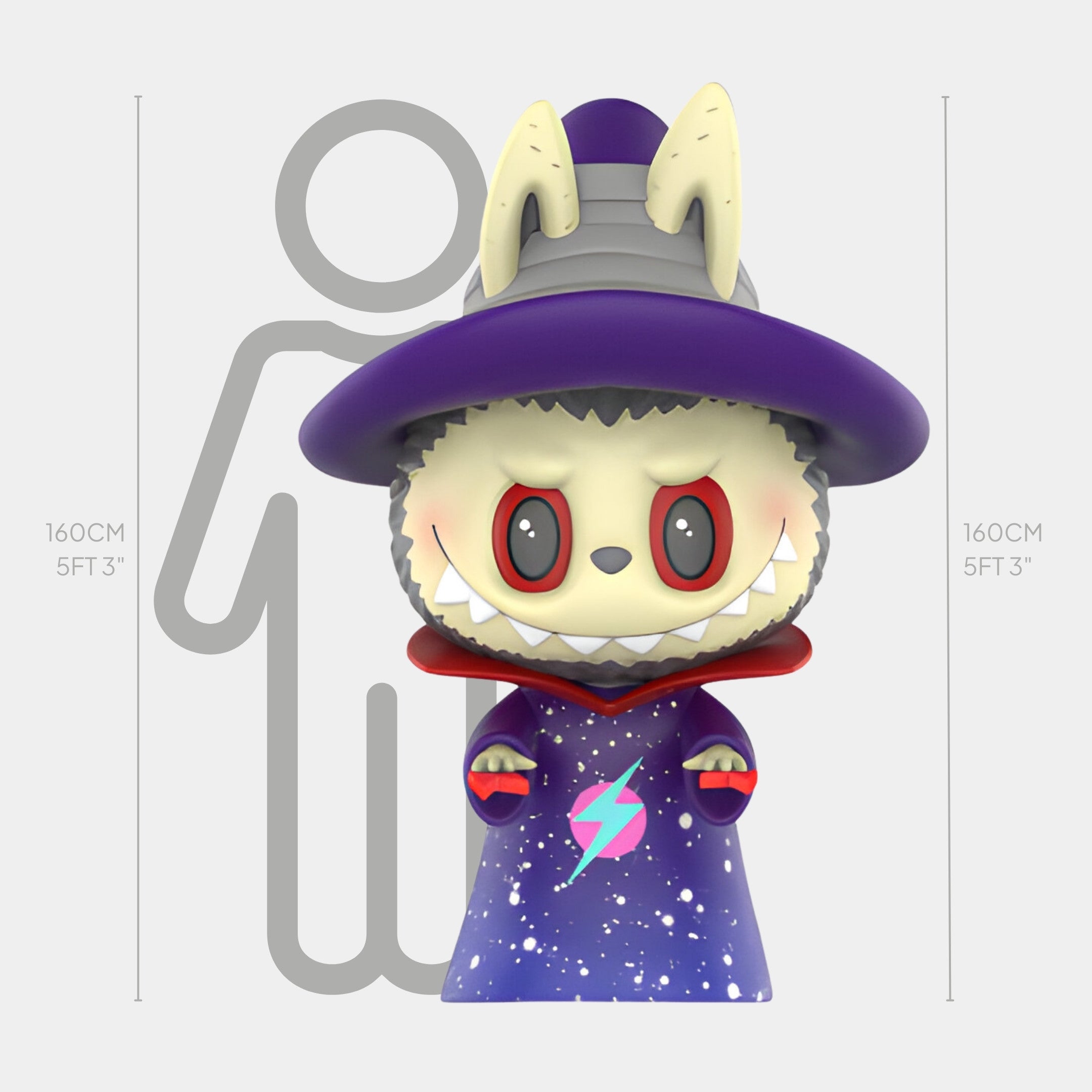 The Space Wizard Labubu Sculpture - 160cm by Giant Sculptures features a cartoonish figure with bunny ears, wizard hat, and starry purple robe. Made from fibreglass with UV-stable paint, it stands before a height chart with a grey silhouette for scale.