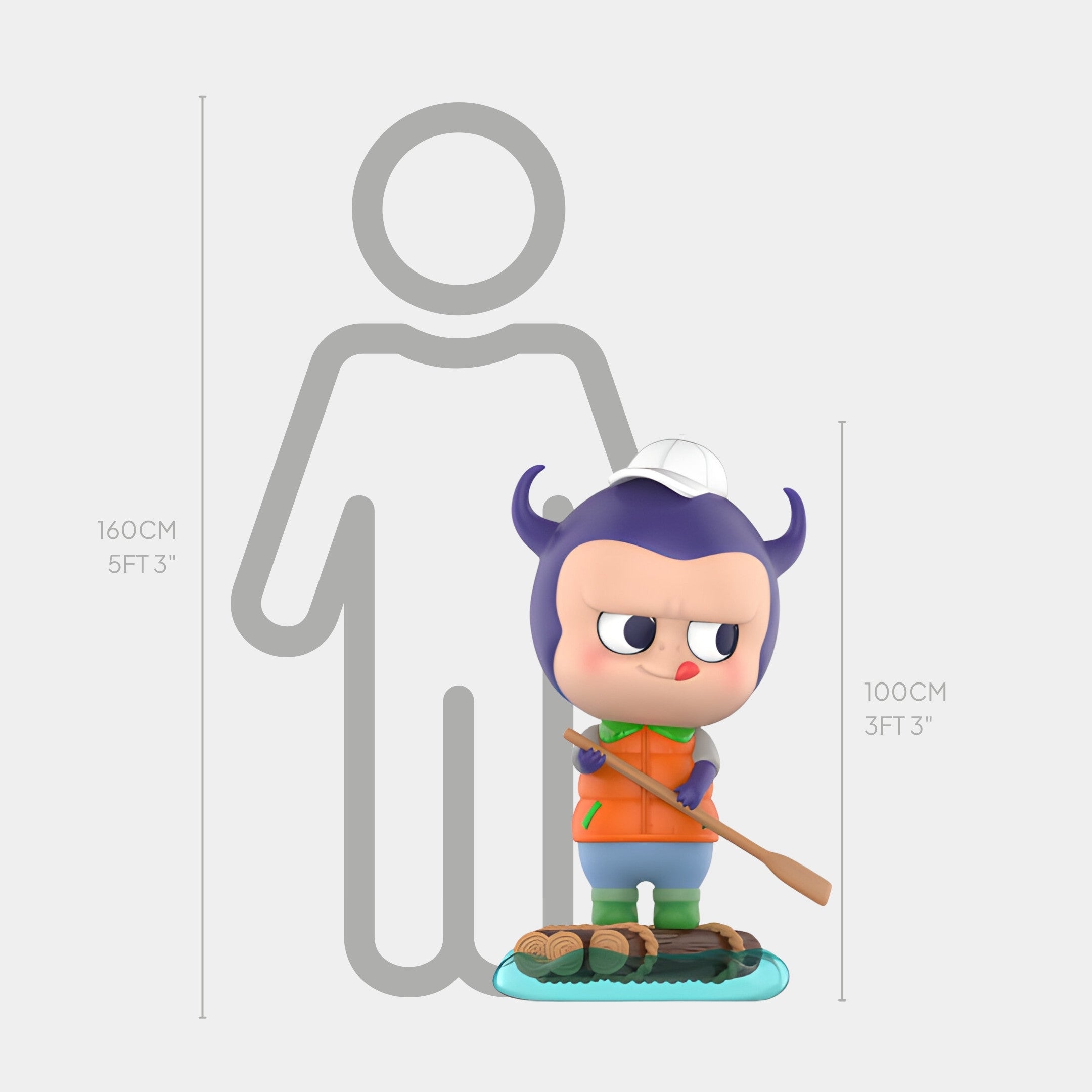 The Camp Life Rafter Labubu Sculpture by Giant Sculptures stands 100cm tall, featuring a playful purple horned outfit and orange vest. Perfect as eye-catching indoor decor or a statement fibreglass piece beside people for scale.