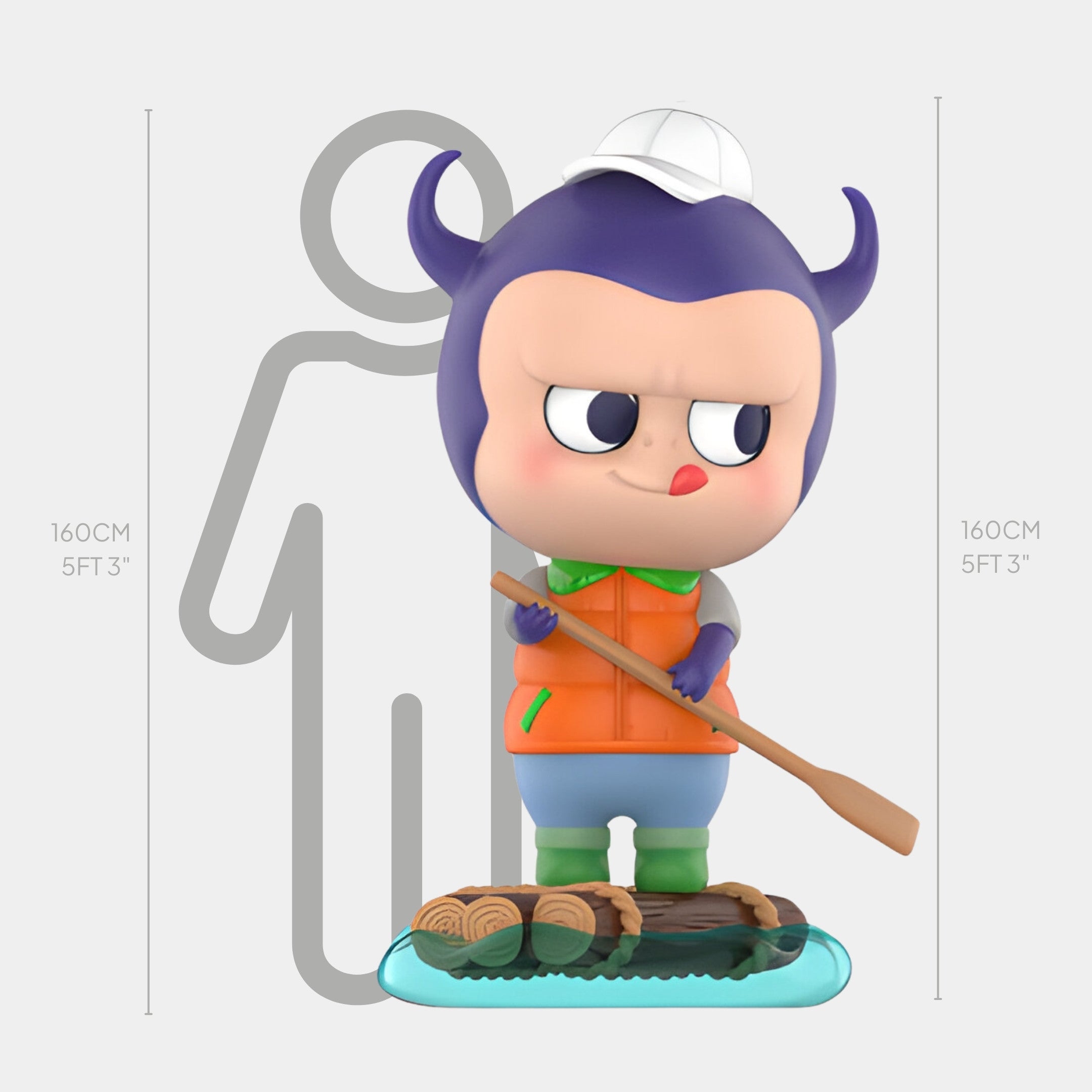 The Camp Life Rafter Labubu Sculpture by Giant Sculptures stands about 160cm tall, featuring a whimsical purple character with horns, an orange vest, and white cap on a raft with paddle—adding adventurous fun to any space.