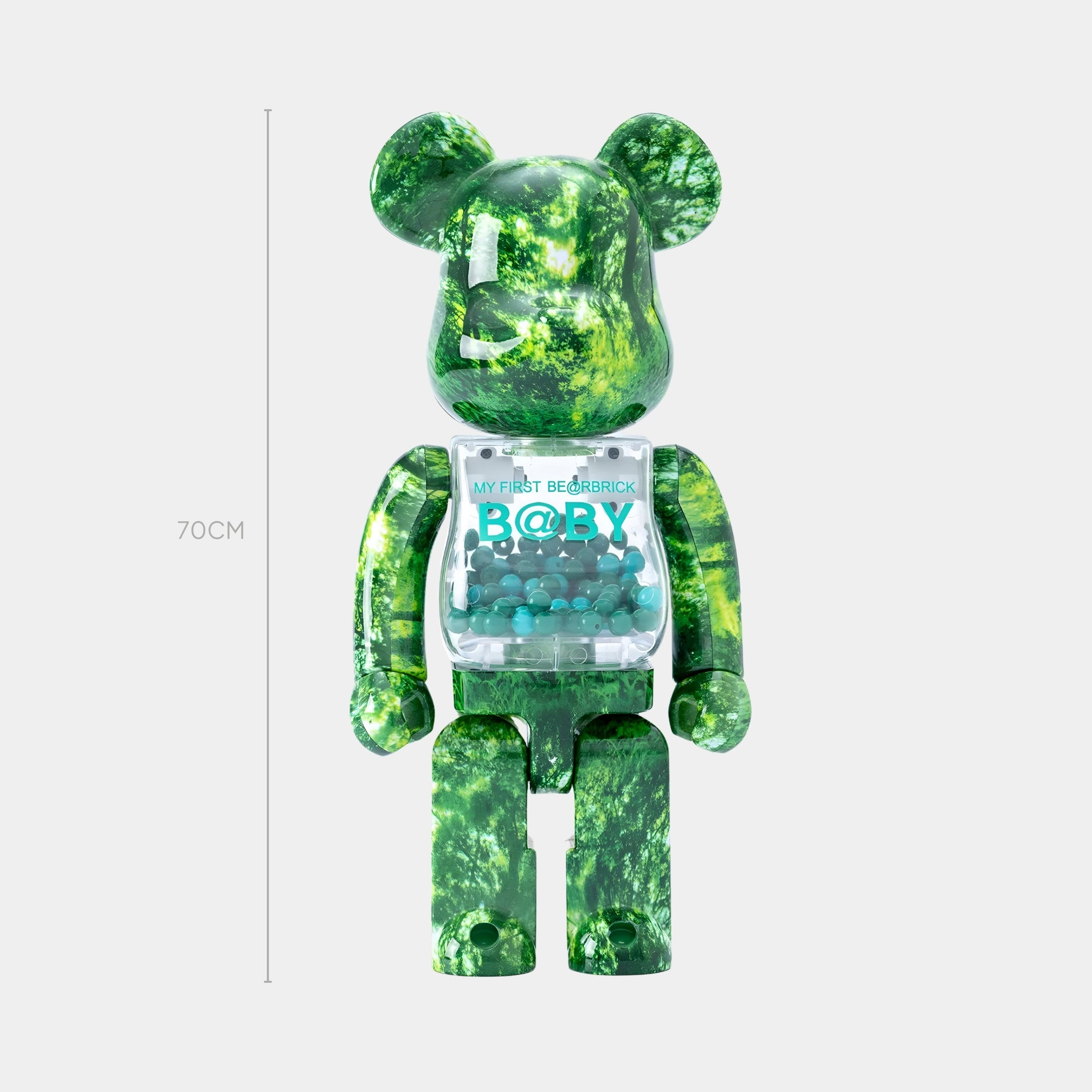 The Woodland Beads Bear Sculpture by Giant Sculptures is a 70cm tall resin bear with a green marbled finish and a clear chest compartment filled with blue and white capsules.