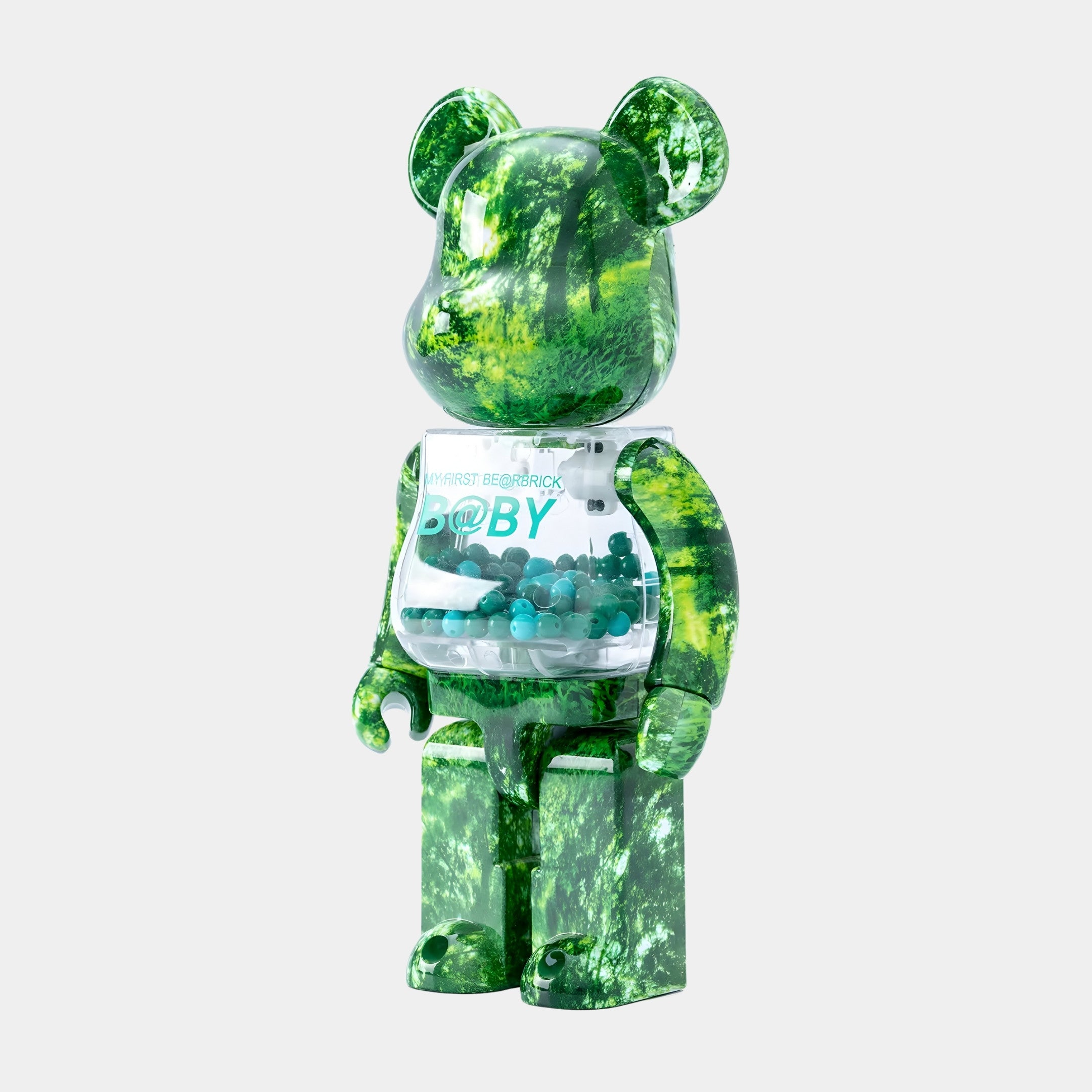 The Woodland Beads Bear Sculpture - 70cm by Giant Sculptures features a green marbled pattern, a transparent chest filled with aqua-teal beads and white balls, standing upright against a plain white background.