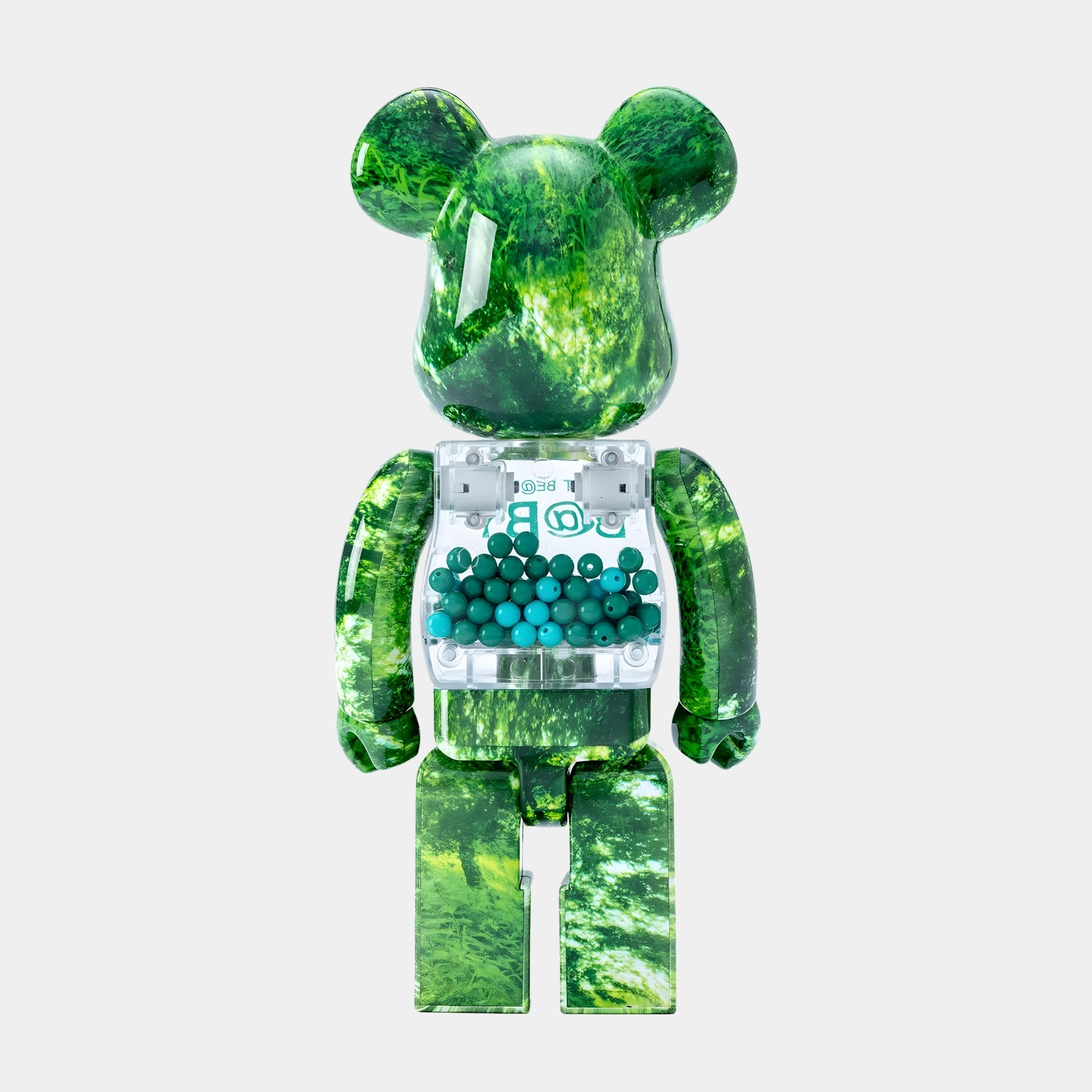 The Giant Sculptures Woodland Beads Bear Sculpture - 70cm features a green marbled, forest-canopy wrap and a transparent chest with aqua-teal beads, shown from behind on a plain white background.