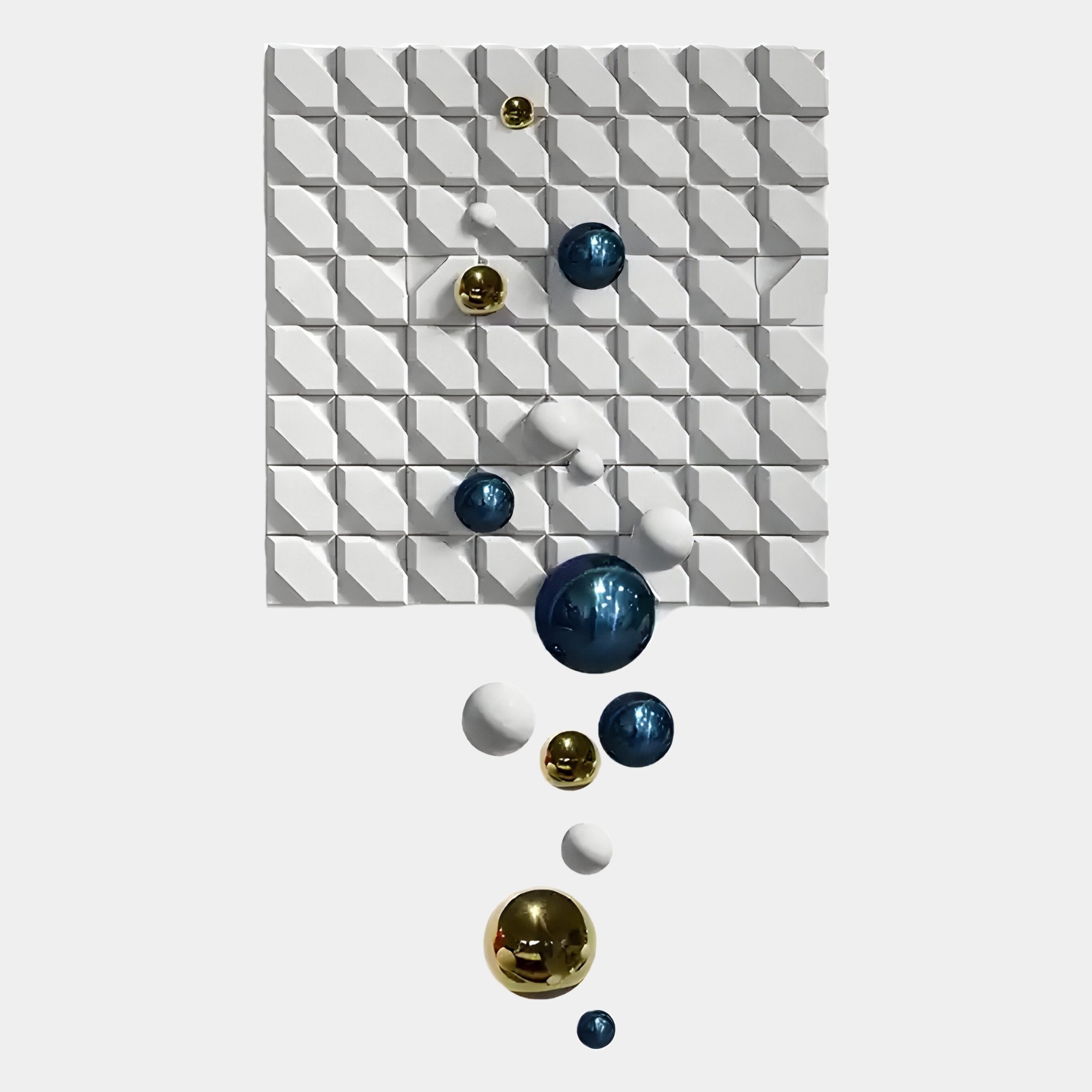 The Orbina White 3D Wood Relief Wall Art by Giant Sculptures features a modern geometric white panel with raised patterns, adorned with blue and gold metal balls plus white spheres arranged in a flowing, scattered design.