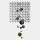 The Orbina White 3D Wood Relief Wall Art by Giant Sculptures features a modern geometric white panel with raised patterns, adorned with blue and gold metal balls plus white spheres arranged in a flowing, scattered design.