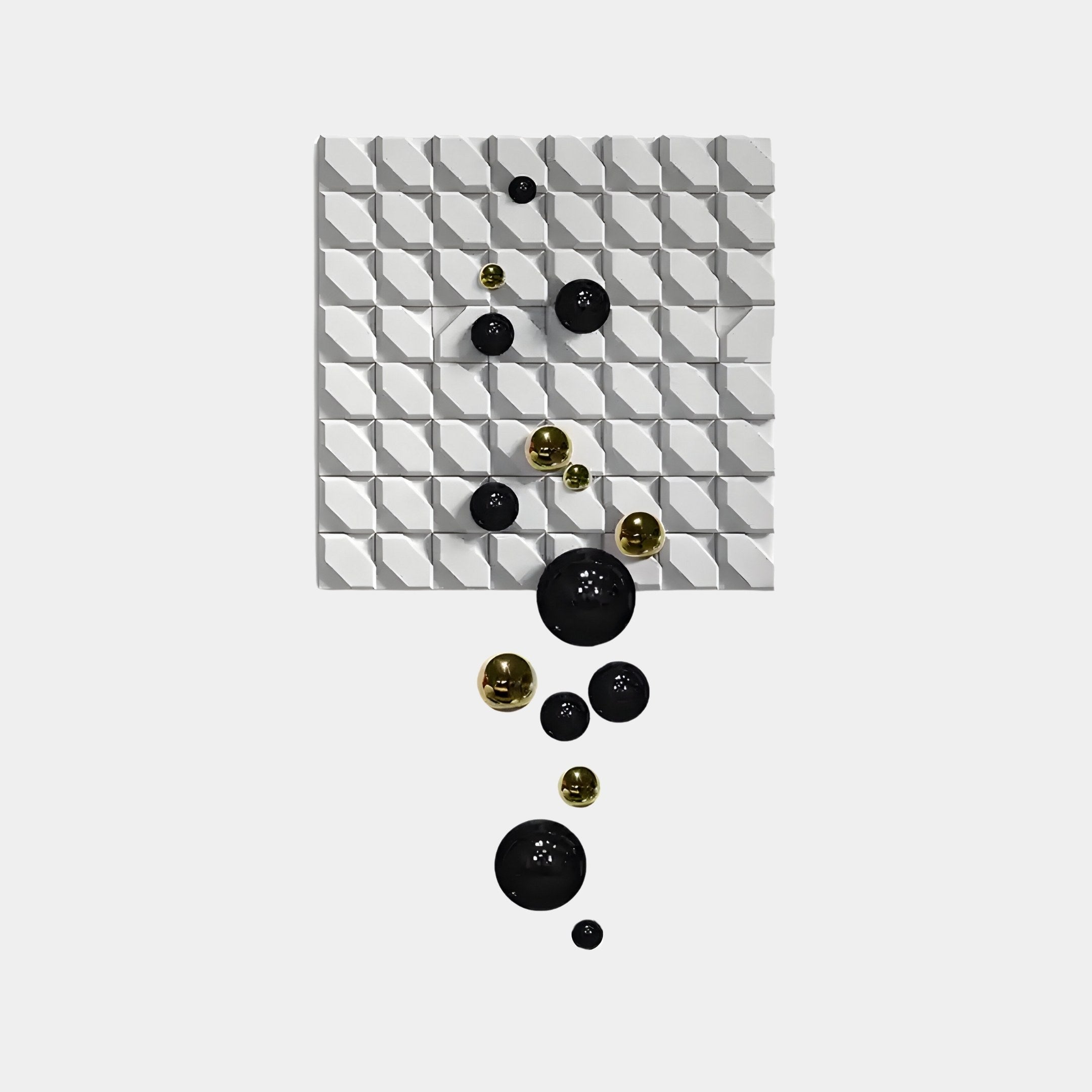 The Orbina White 3D Wood Relief Wall Art by Giant Sculptures features a grid of white diamond-shaped tiles, complemented with diagonally scattered black and gold metal balls that create a dynamic contrast between the flat tiles and glossy spheres.