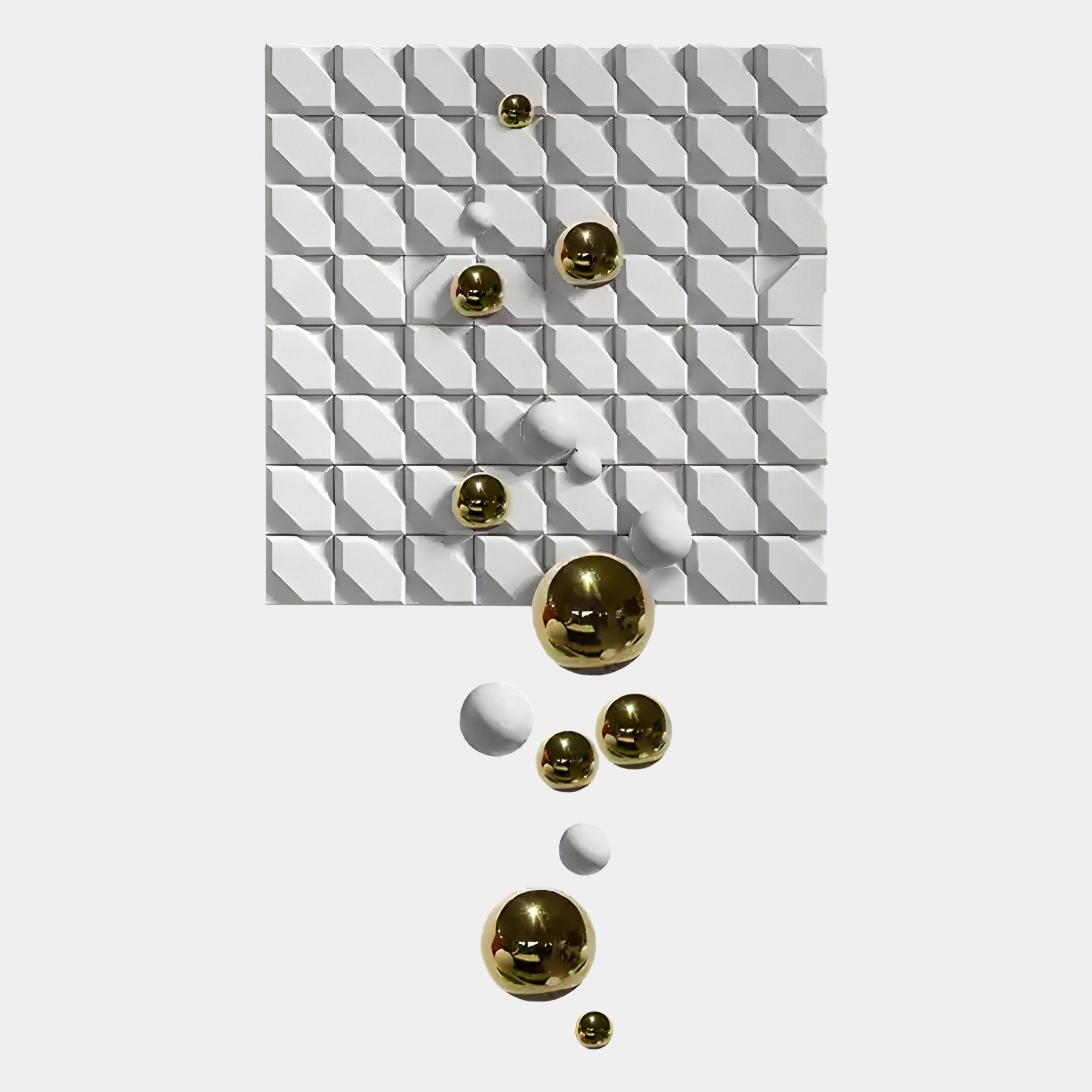 The Orbina White 3D Wood Relief Wall Art With Gold & White Metal Ball by Giant Sculptures features a grid of white tiles and cascading gold and white spheres—an ideal piece for contemporary indoor décor with striking metallic accents.