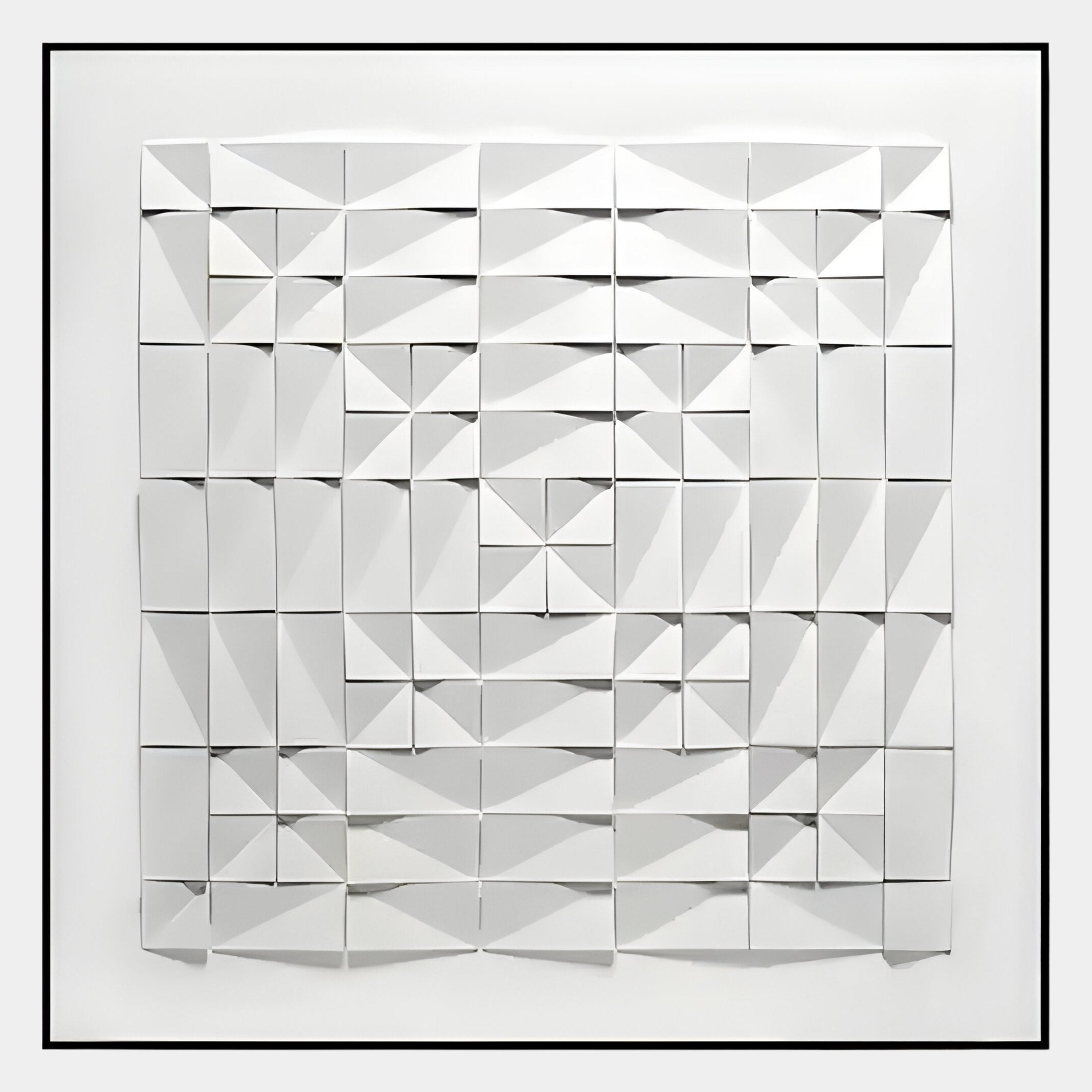 The Geometrica Spiral Matrix White 3D Wood Relief Wall Art by Giant Sculptures features an abstract geometric pattern of squares split into triangles and parallelograms, creating a dynamic, tessellated look with striking light and shadow effects.