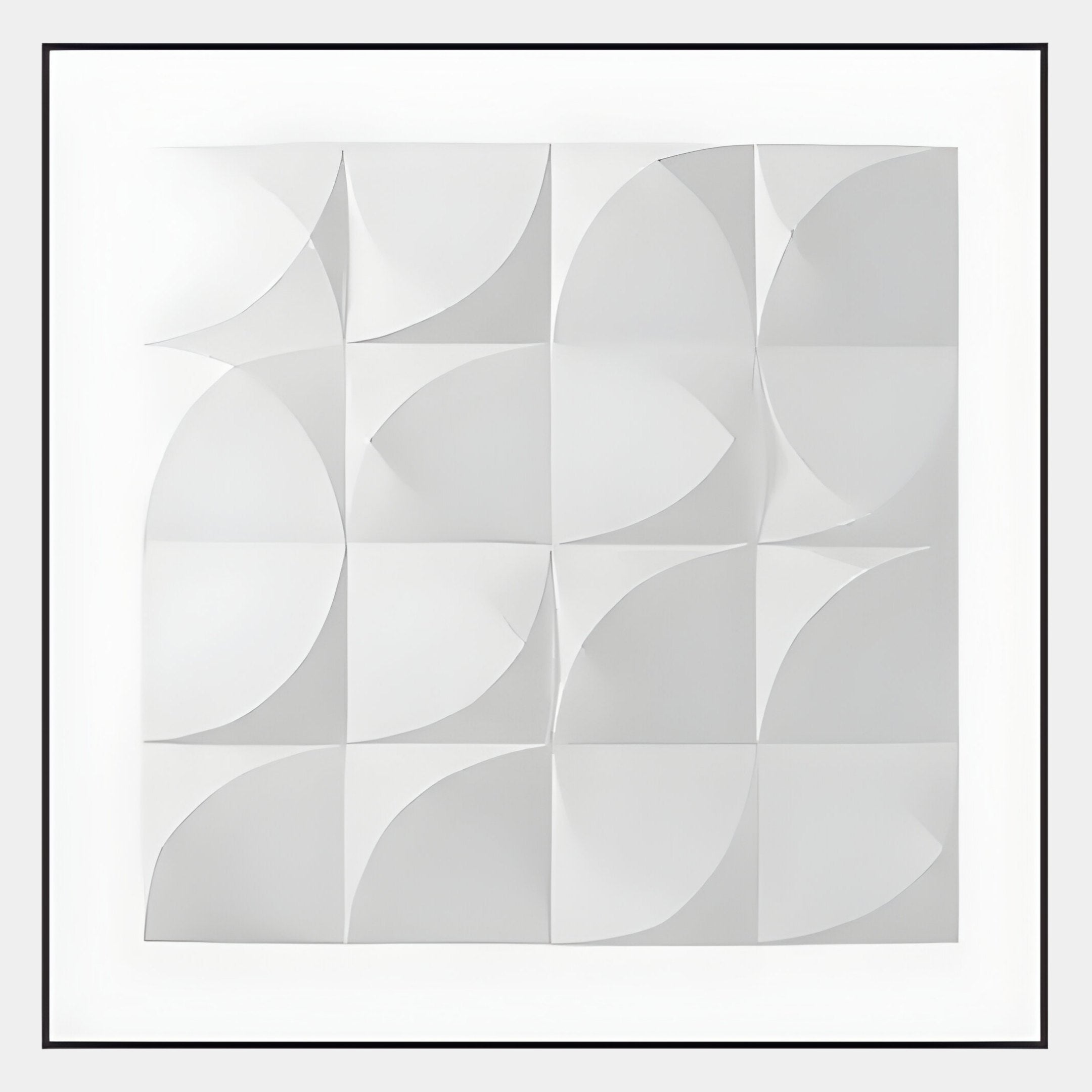 The Geometrica Curved Patterned White 3D Wood Relief Wall Art by Giant Sculptures features a modern abstract grid of 16 squares with delicately curved, folded designs, adding depth and subtle shadow for a striking minimalist look.